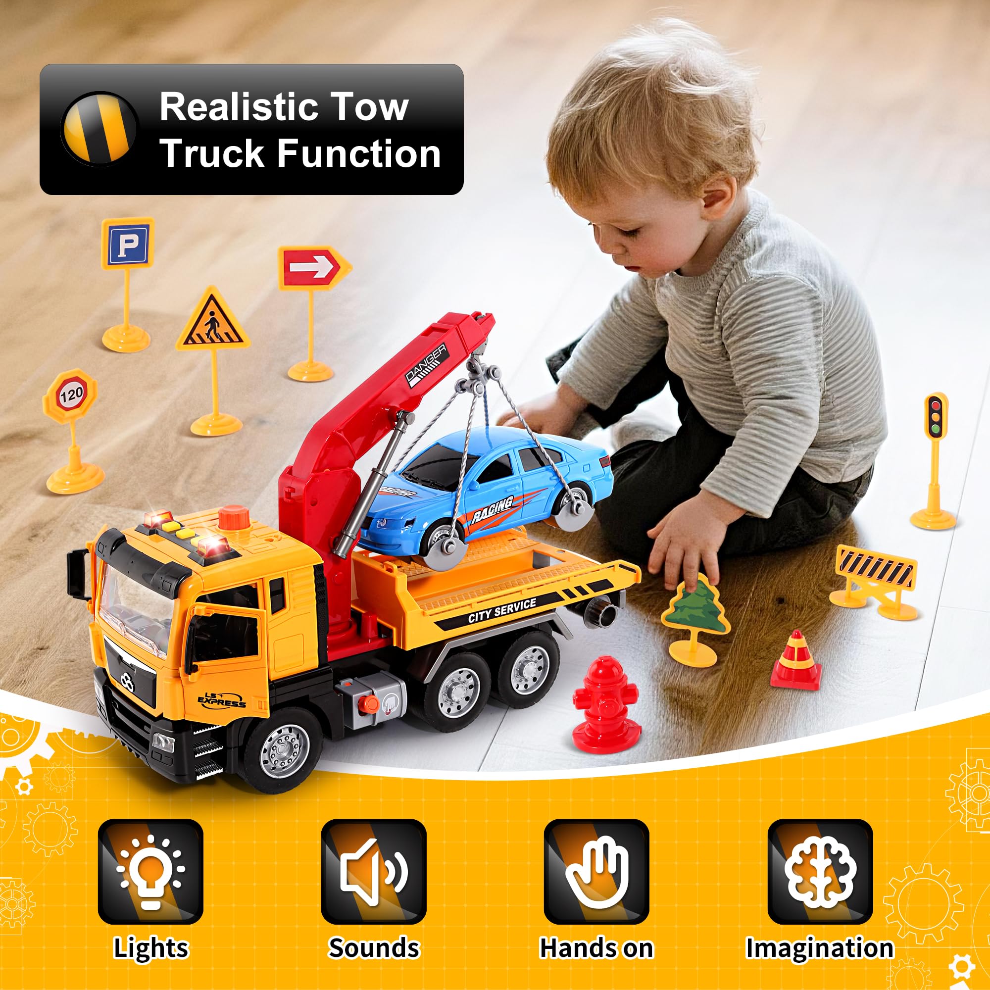 BunnyJOY Rescue Tow Truck Toy for 3 4 5 6 7 Years Old Boys, Friction Powered Vehicle, Realistic Playset Gift for Kids Girls Aged 3+ - Image 2