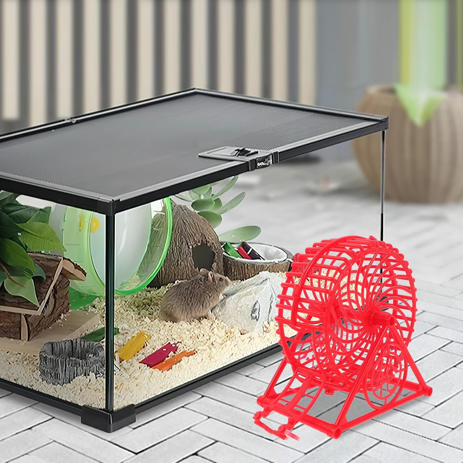 Silent Hamster Wheel with Rack, Plastic Running Exercise Wheel for Hamsters, Gerbils, Hedgehogs, and Small Pets, Noise-reducing Small Animal Spinner in Rose Red