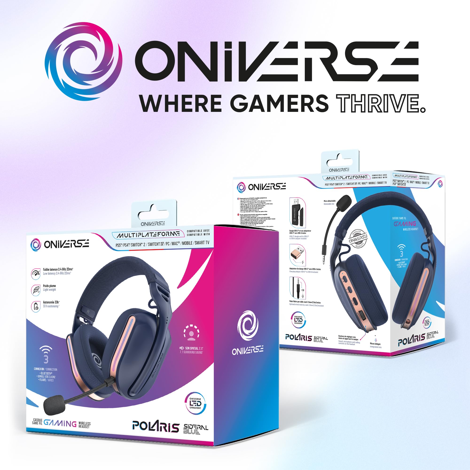 Polaris Bezprzewodowy zestaw słuchawkowy do gier kompatybilny z PS5 PS4 Switch PC Mobile, lekki zestaw słuchawkowy dla graczy LED o niskim opóźnieniu 2,4 GHz lub Bluetooth, bateria 33h