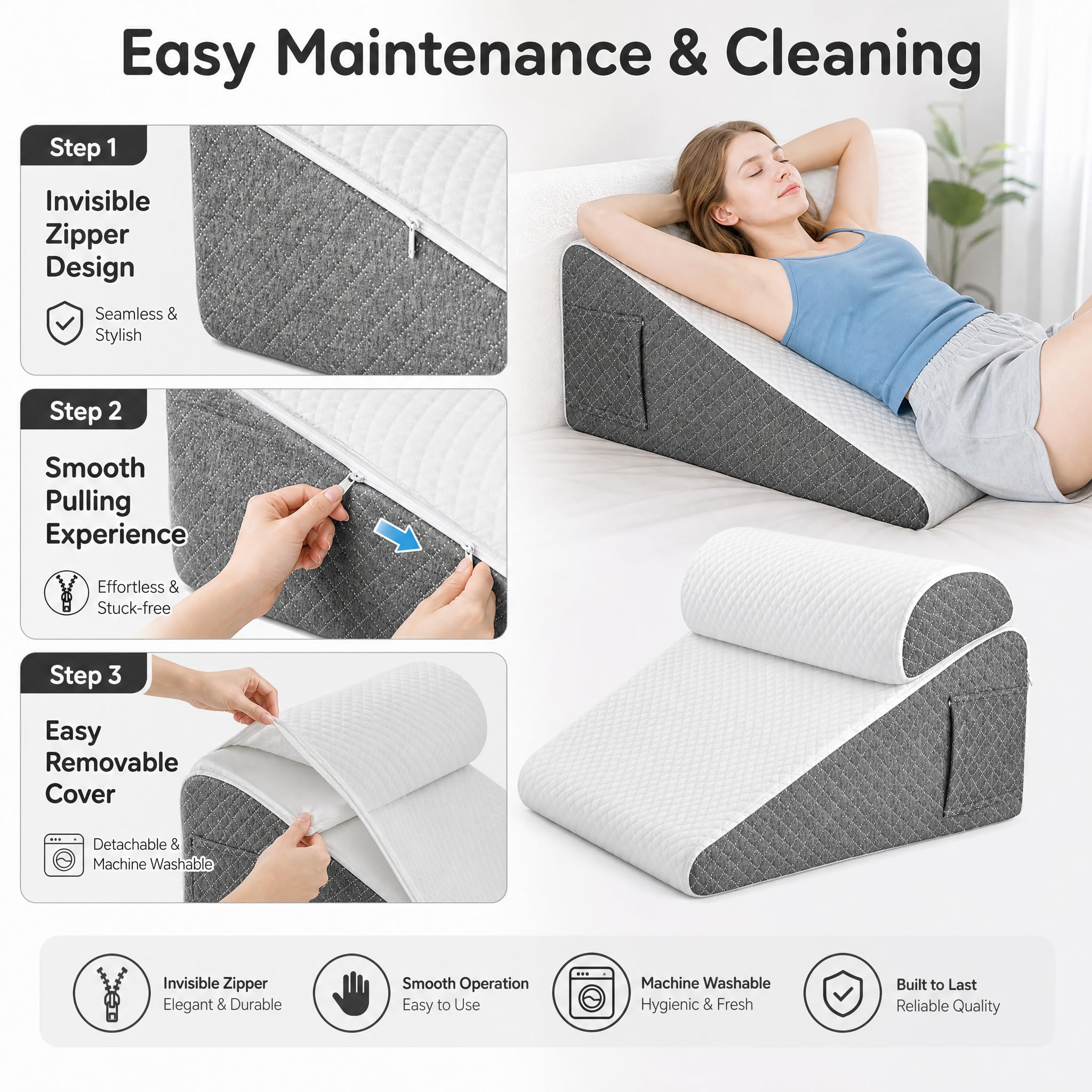 Keilkissen 50x50x26 cm mit Memory-Schaum & waschbarem Bezug