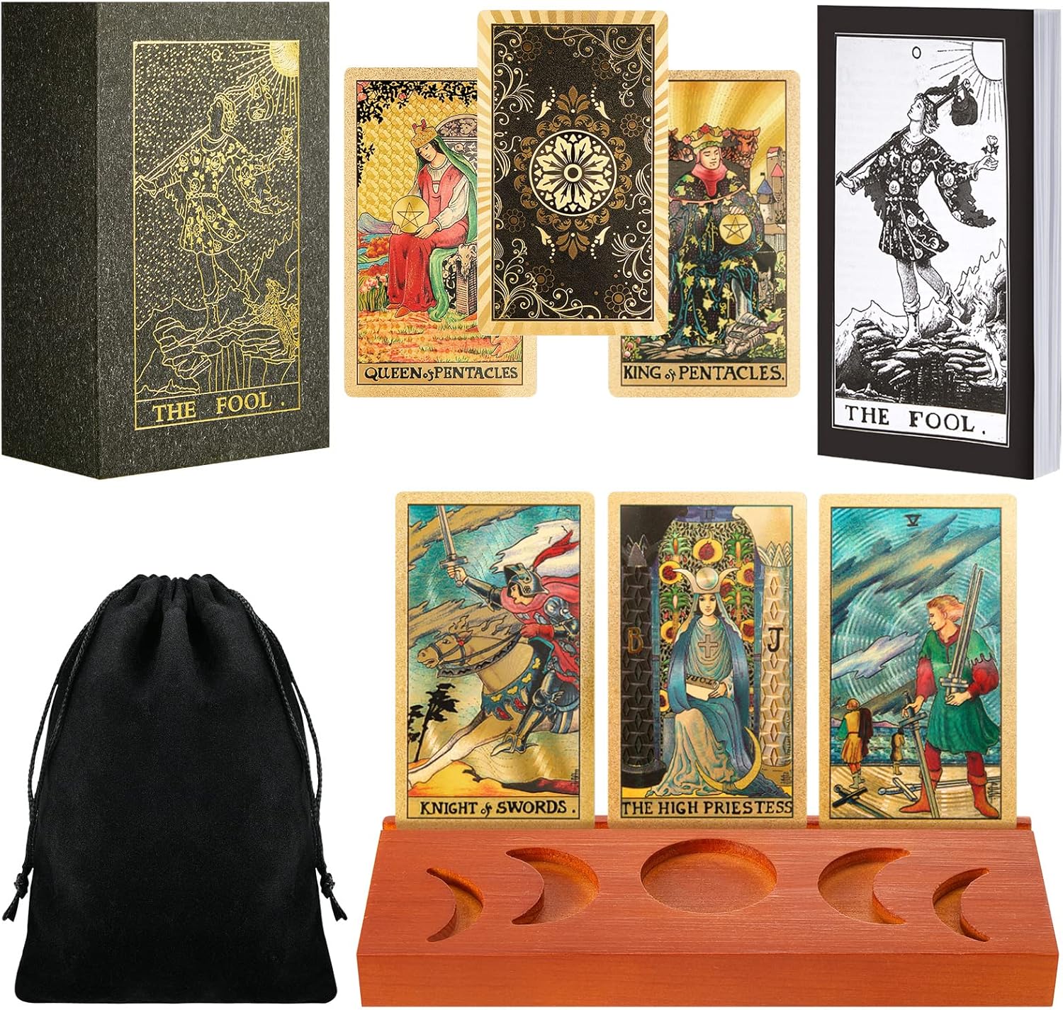 Tarot Cards Deck Gold PVC Tarot Deck and Tarot Card Holder Stand Wooden