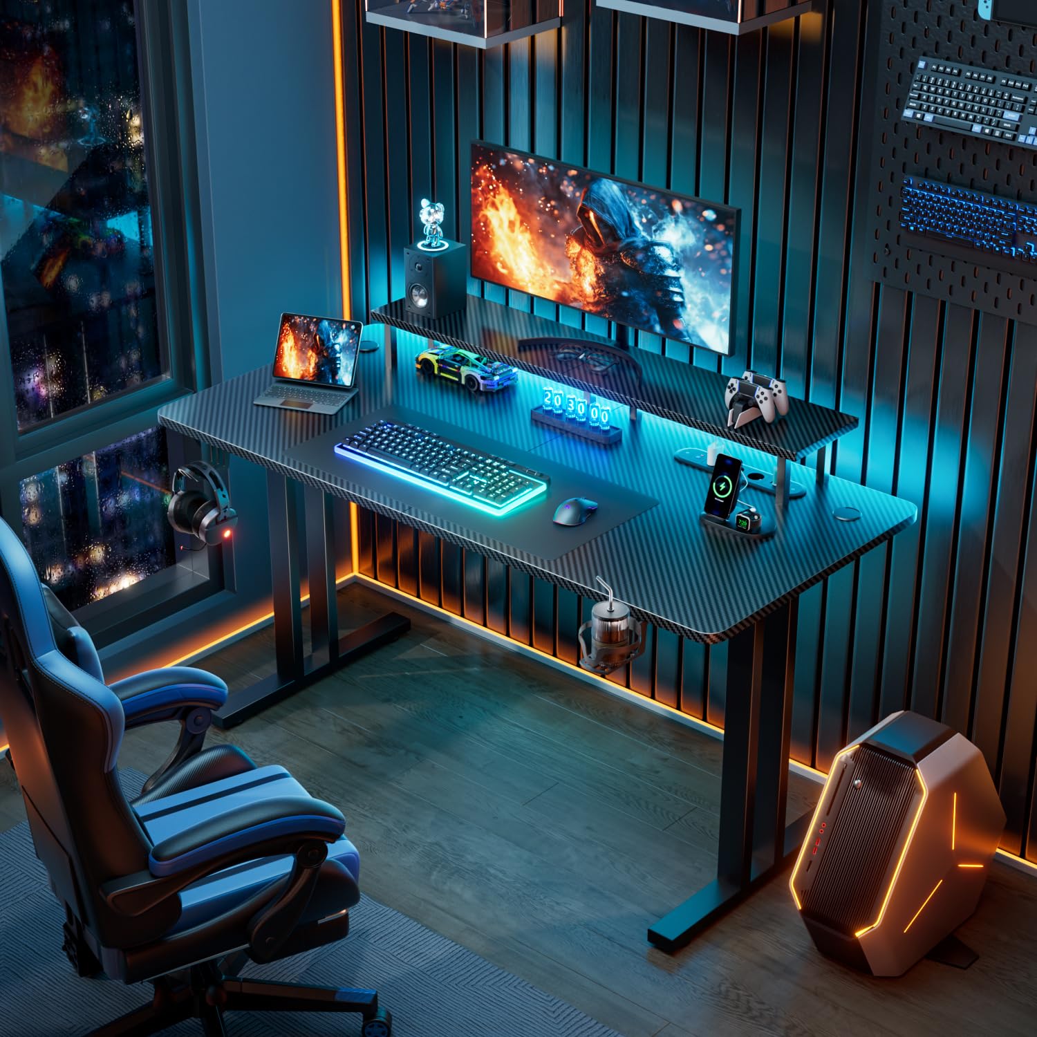 HLONONE Gaming Tisch mit LED & Steckdose, 140 x 60 cm, PC Tisch Schwarz | Computertisch mit Monitorständer, Typ-C-Anschluss & 2 USB-A-Anschlüssen, für Gaming und Büro