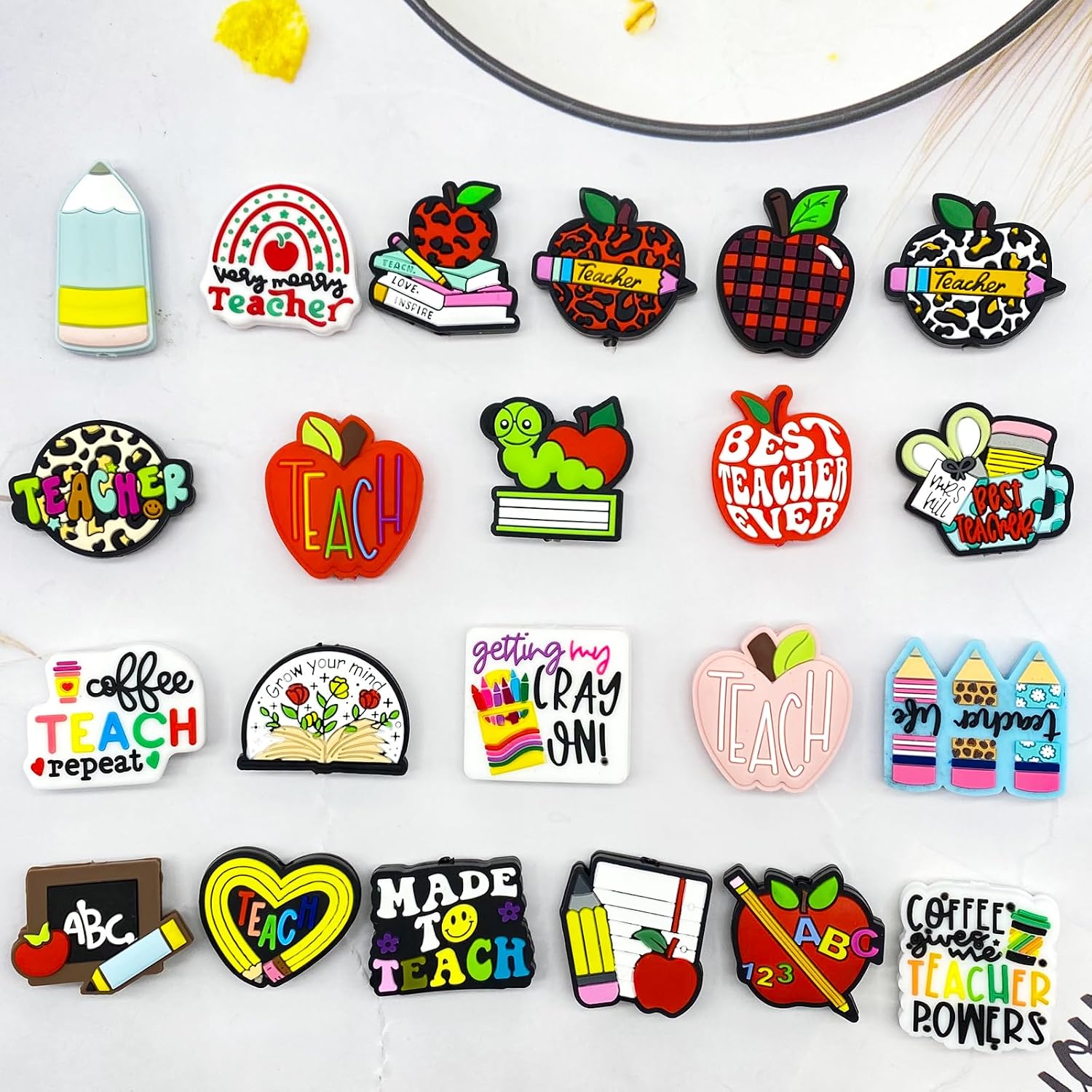 Teacher Theme Silicone Focal Beads for Pens, Characters, Teach Pencil Book Charms Keychain Making Kit - Assorted Shaped Beads for Beaded Pen (22PCS)