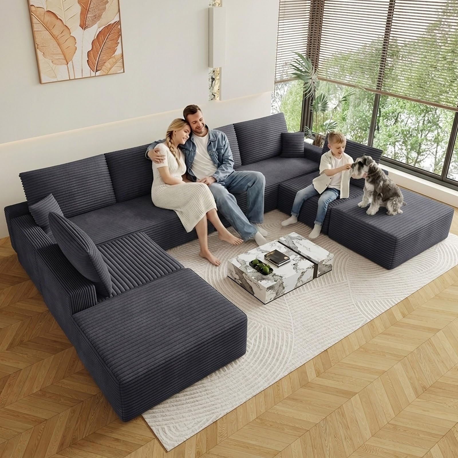 Oversized Modular Sectional Sofa Couch,Large 8 Seater Corner Sofa Modern U Shaped Sectional Couch with Ottoman Cloud Couches for Living Room,Office,Spacious Space,Corduroy,No Assembly,Dark Grey