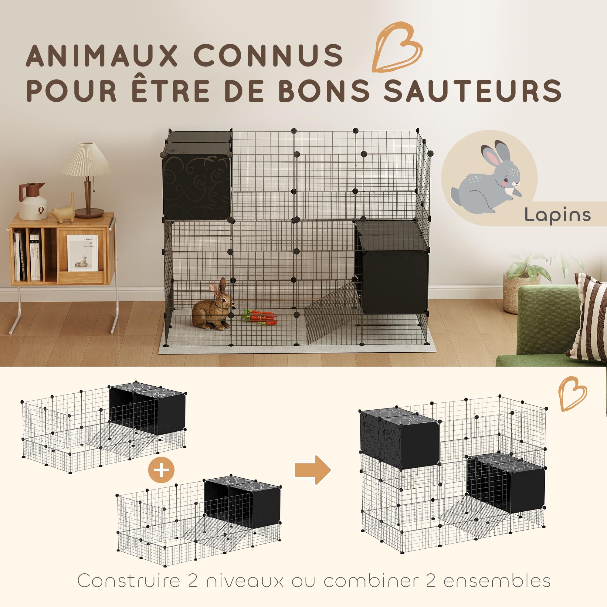 PawHut Enclos pour Petits Animaux, Cage à Lapin modulable, 31 Panneaux avec niches surélevées, Parc clôture pour Animaux domestiques intérieur pour cochons d'Inde, Lapins, hérissons, en Acier, Noir
