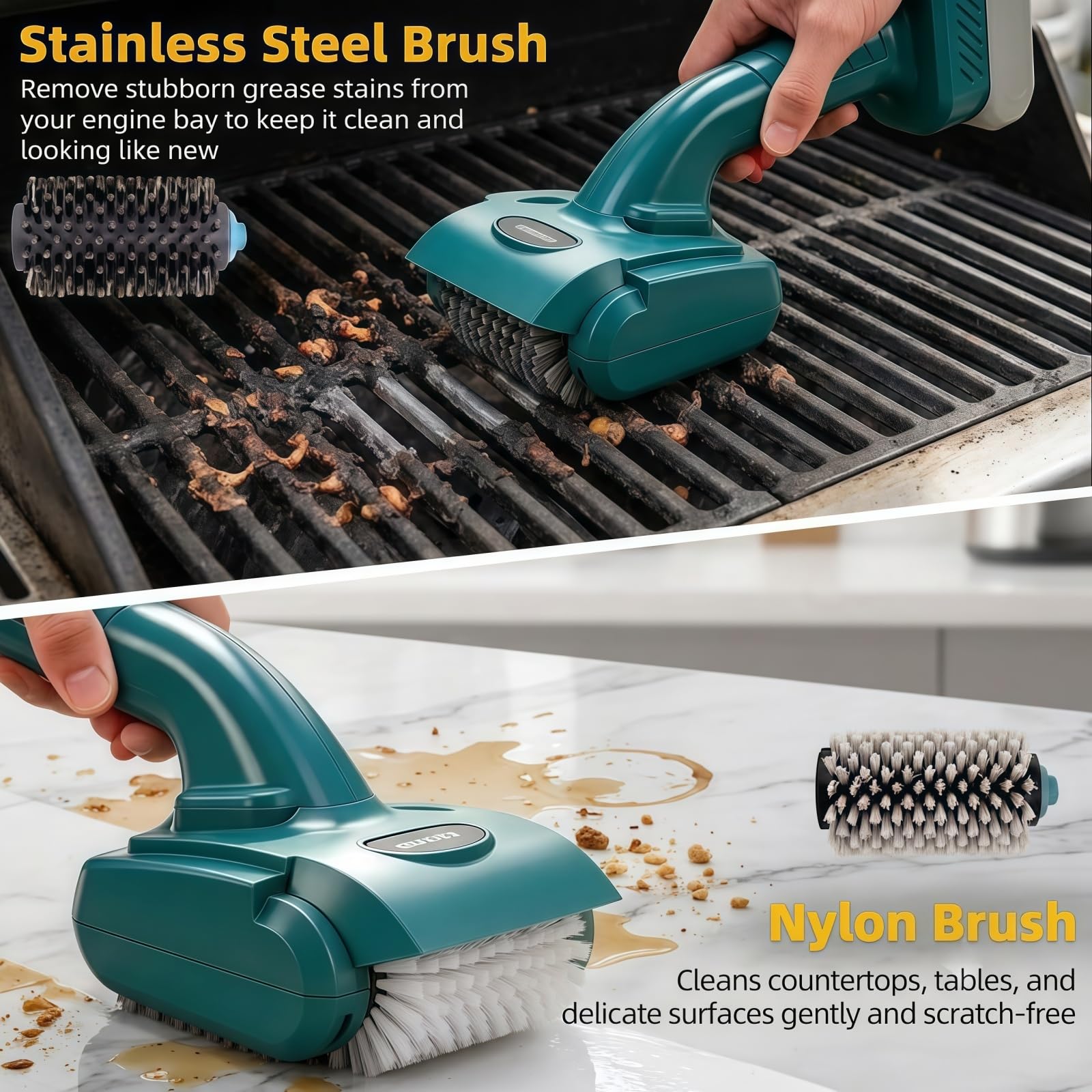 Elektrische Grillbürste Kompatibel mit Makita 18V Akku, Grillreinigungsbürste mit 360° drehbarem Edelstahl-Bürstenkopf & Nylon-Bürstenkopf, für Grillroste und Herdplatten (ohne Akku)