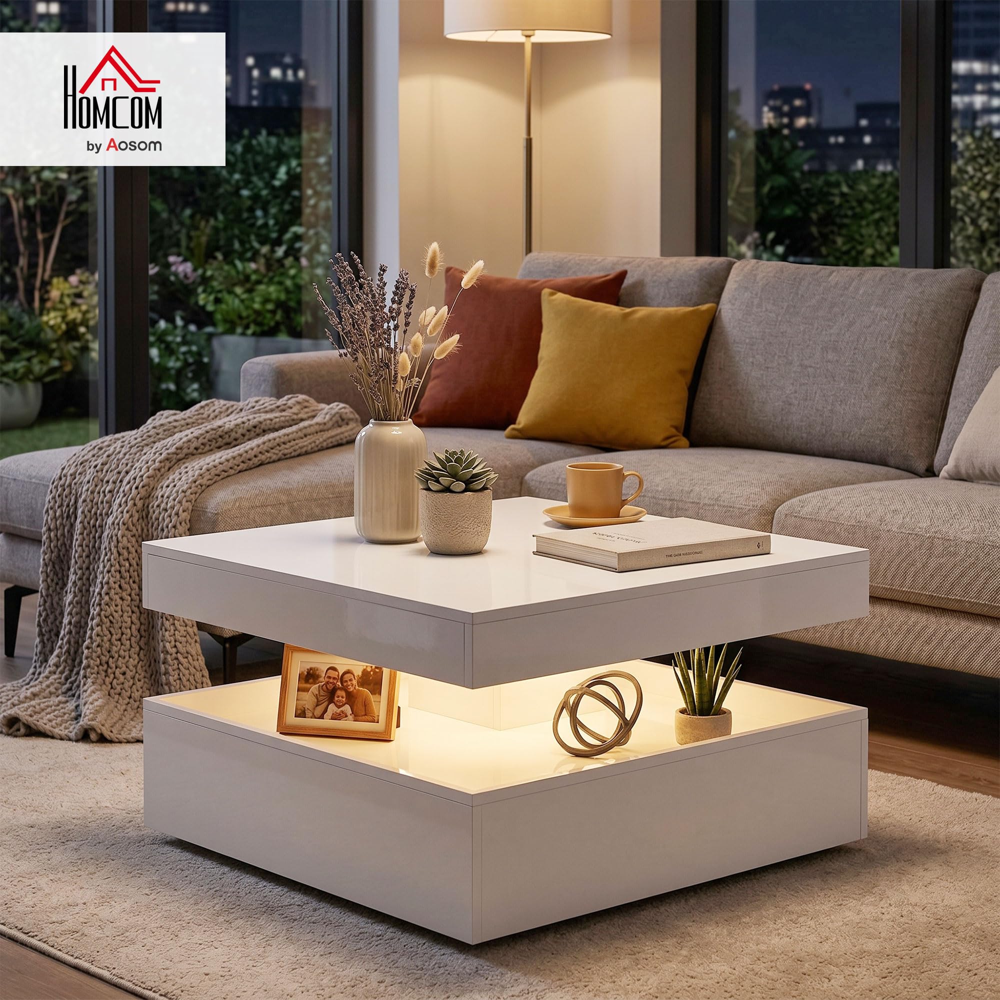 HOMCOM Mesa de Centro con LED RGB de 7 Colores 78x78x40 cm Blanco | Mesa de Café para Salón, Alto Brillo, con Mando a Distancia, Almacenamiento Abierto, Comedor, Oficina