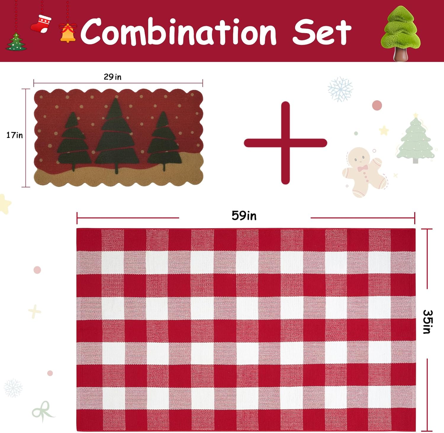 OJIA 2PCS Christmas Rug Door Mat Combo Set, Imitation Coir Doormat   3'x5' Red and White Plaid Rug Xmas Washable Outdoor Area Rugs Layered Door Mats Floor Carpet for Porch Patio Decor Outside Entry