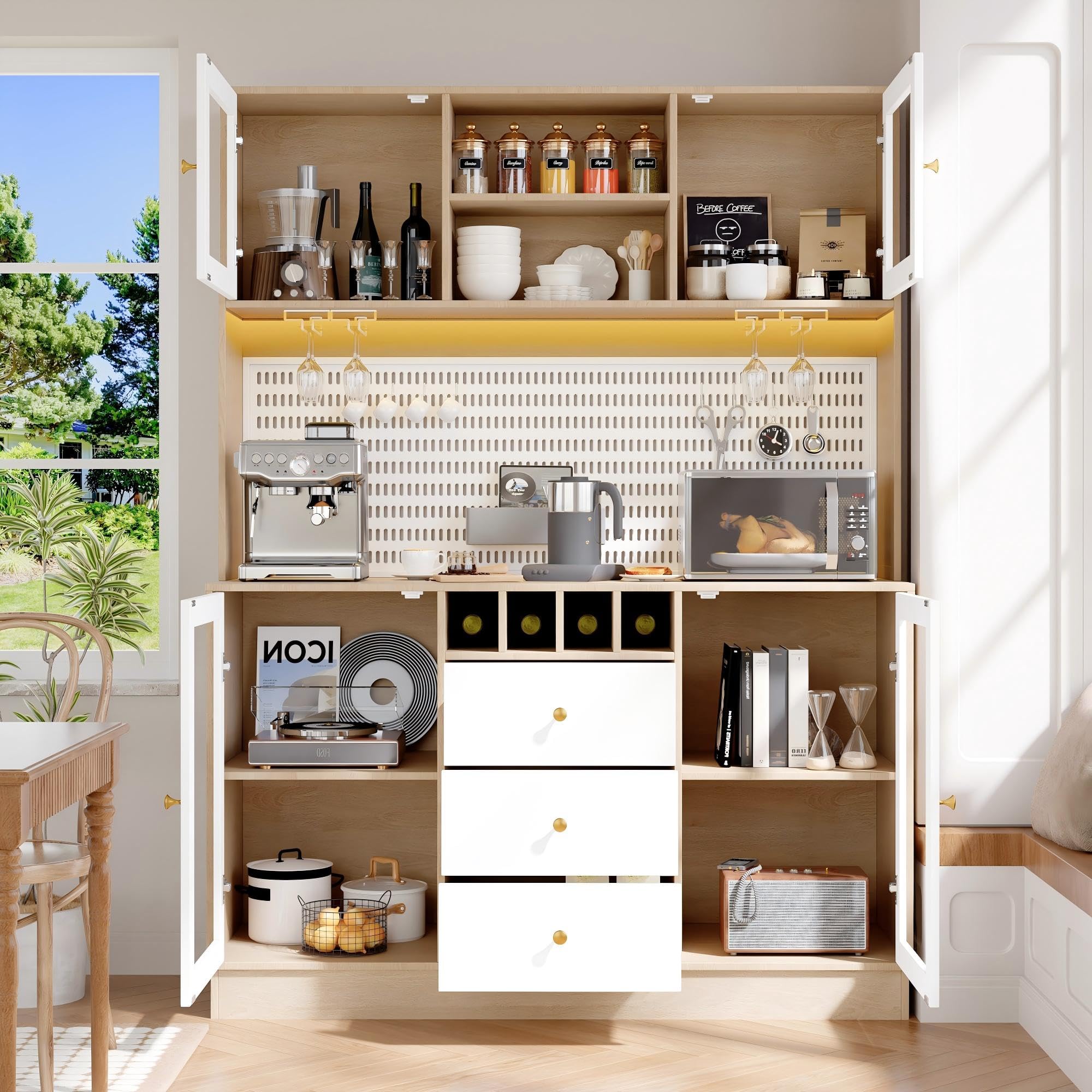 Alacena de Cocina Aparador Alto Moderno con LED y Placa Perforada, Armario Cocina con Botellero, Mueble Auxiliar Aparadores, 3 Cajones y 4 Puertas, Dispositivo Antivuelco, 140x40x185.7 cm,Blanco