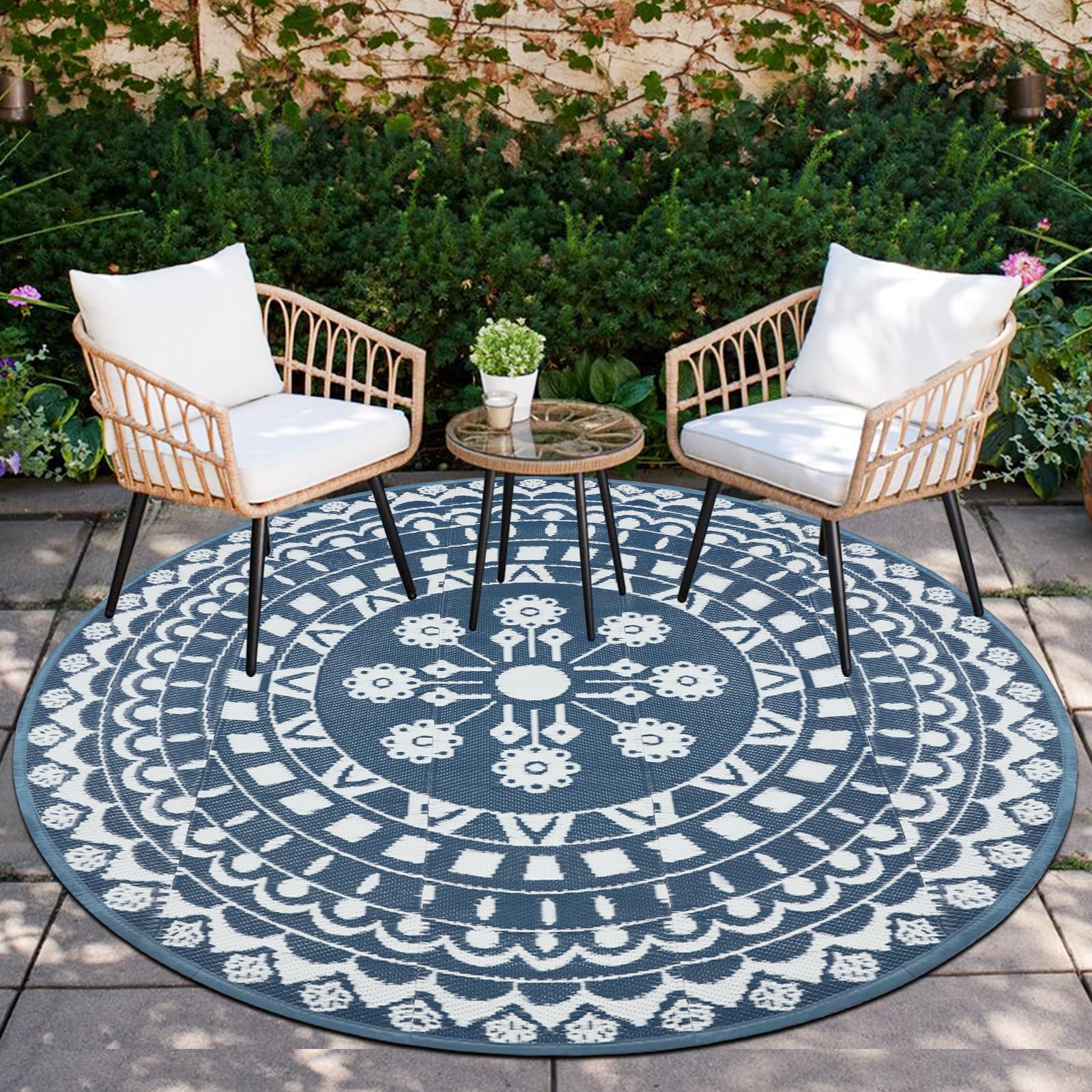 Capslpad Round Outdoor Garden Rugs ø180cm Waterproof Mat Reversible Plastic Straw Rug Boho Round Indoor Outdoor Area Rug for Garden RV Camping Balcony Backyard Balcony Deck Tent Picnic, Blue