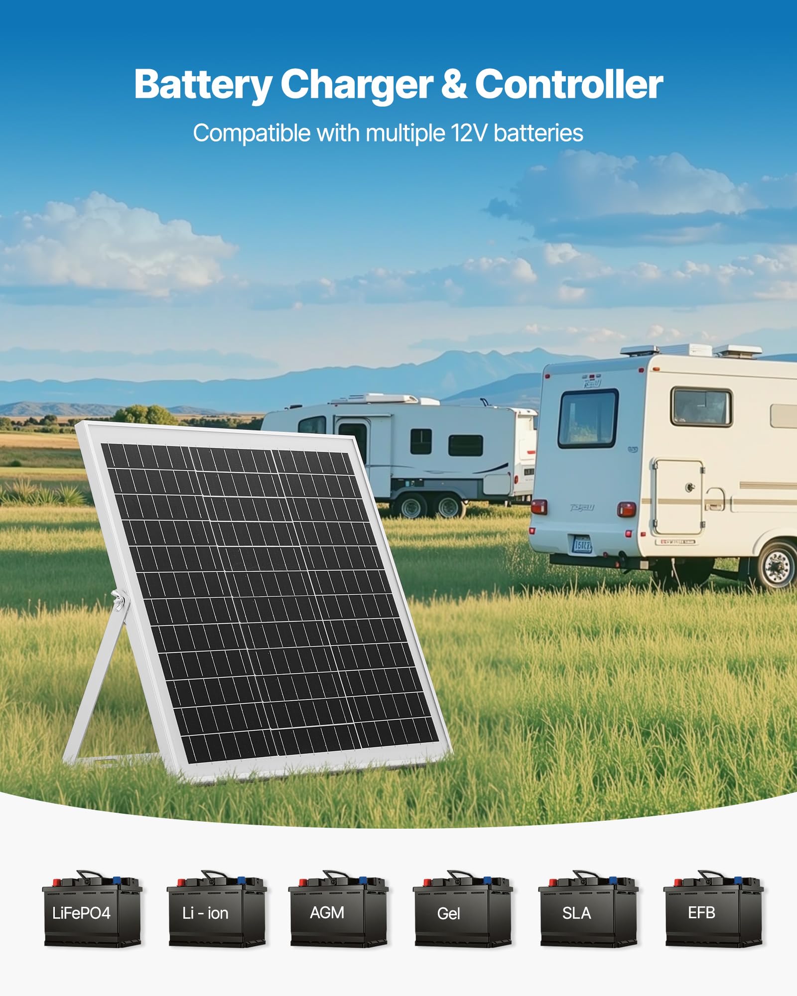 VEVOR Ładowarka baterii panelu słonecznego 20 W 12 V, z inteligentnym kontrolerem MPPT i regulowanym wspornikiem montażowym, wodoodporność IP67, do samochodu, łodzi, kampera, przyczepy motocyklowej