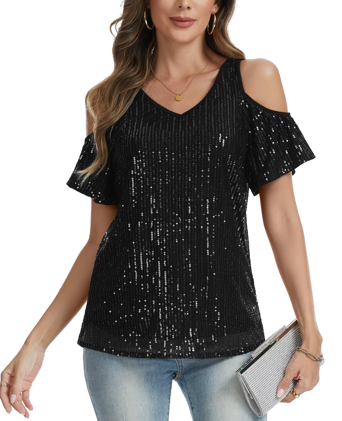 Top scintillante da donna a maniche corte con paillettes, top con scollo a V, spalle scoperte, tunica glitterata, camicie da sera per feste e uscite