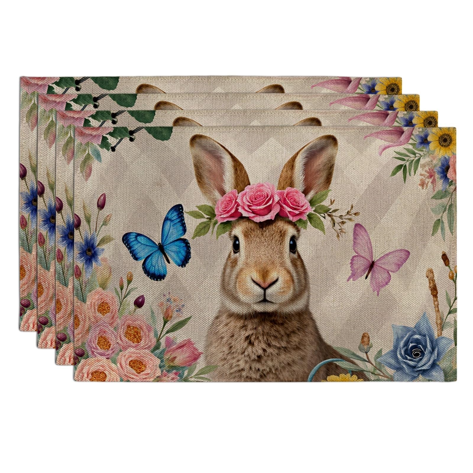 Rabbit Floral Placemats, Vintage Botanical Place Mats for Dining Table, Spring Seasonal Non-Slip Washable Indoor Outdoor Kitchen Party Decorative Placemat Set of 4