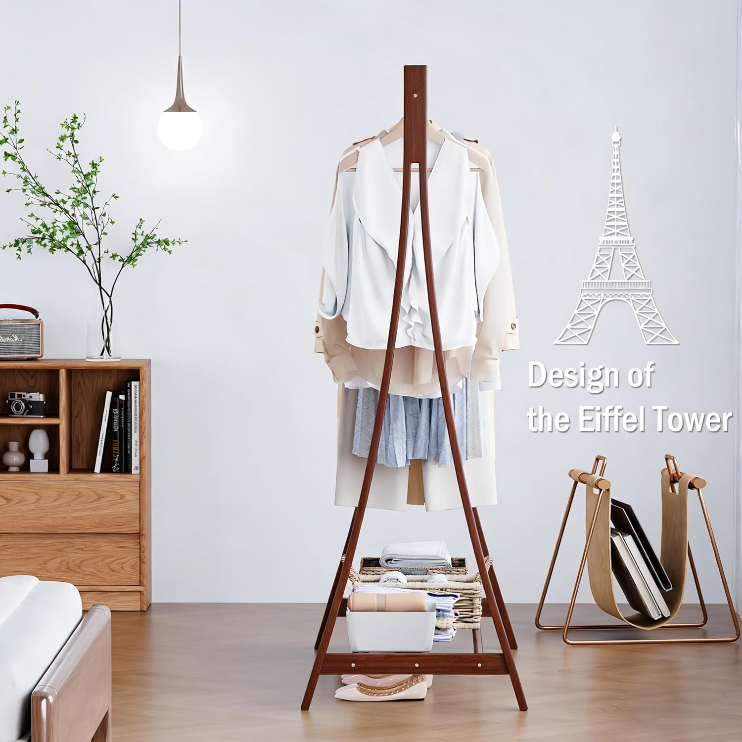 Wooden Retail Display Hanging Clothes Rack with Storage Shelf, 52" W x 57" H Freestanding Heavy Duty Clothing Drying Garment Rack for Hanging Clothes, Coat, Dress, Shirt, Hat