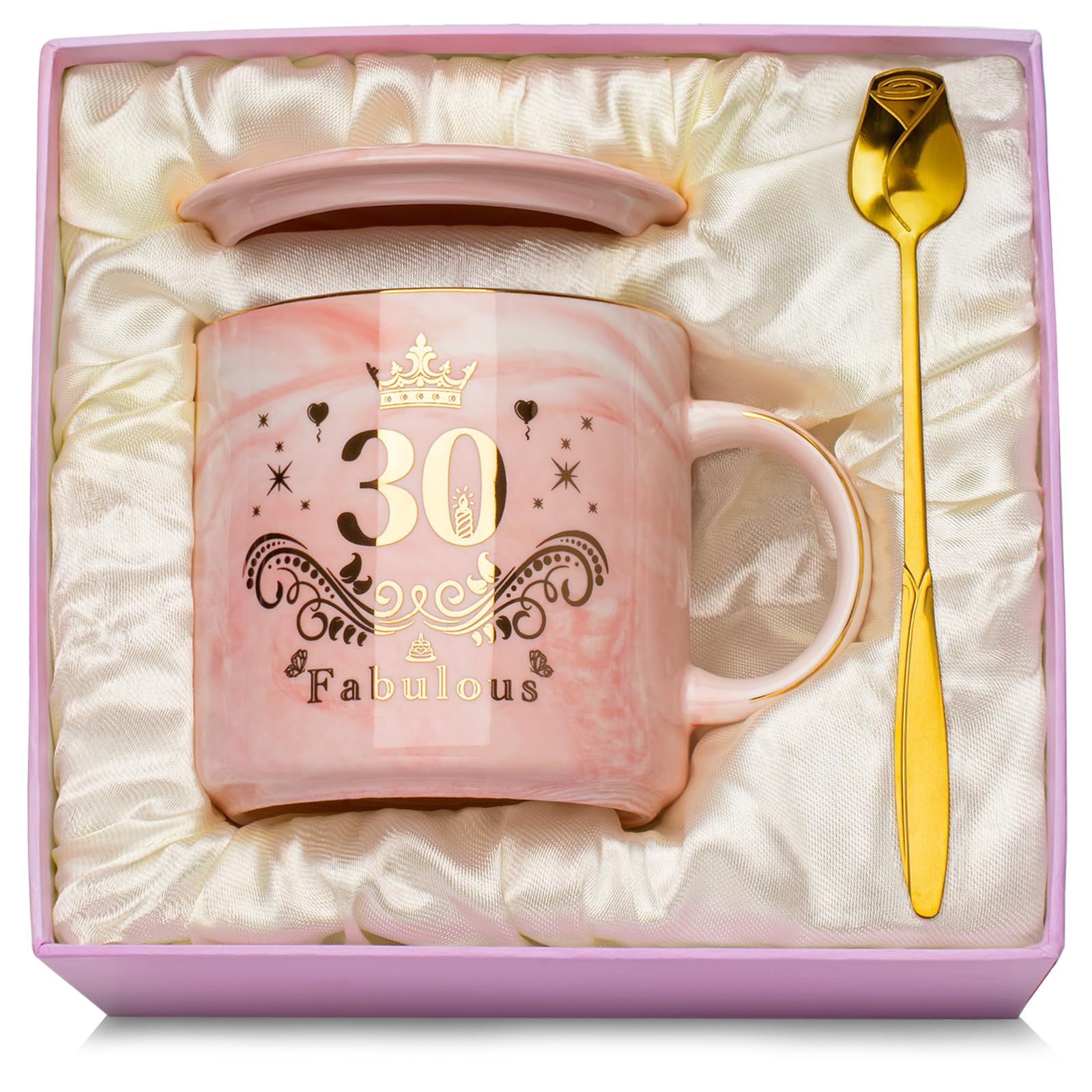 30 Cumpleaños Taza de Cerámica Jaspeada Rosa, 30 Años Regalos Originales Para Mujer Cumpleaños 30 Regalo Cumpleaños Mujer Regalo, Viene con Tapa, Cuchara, Tarjeta de Felicitación y Caja de Regalo