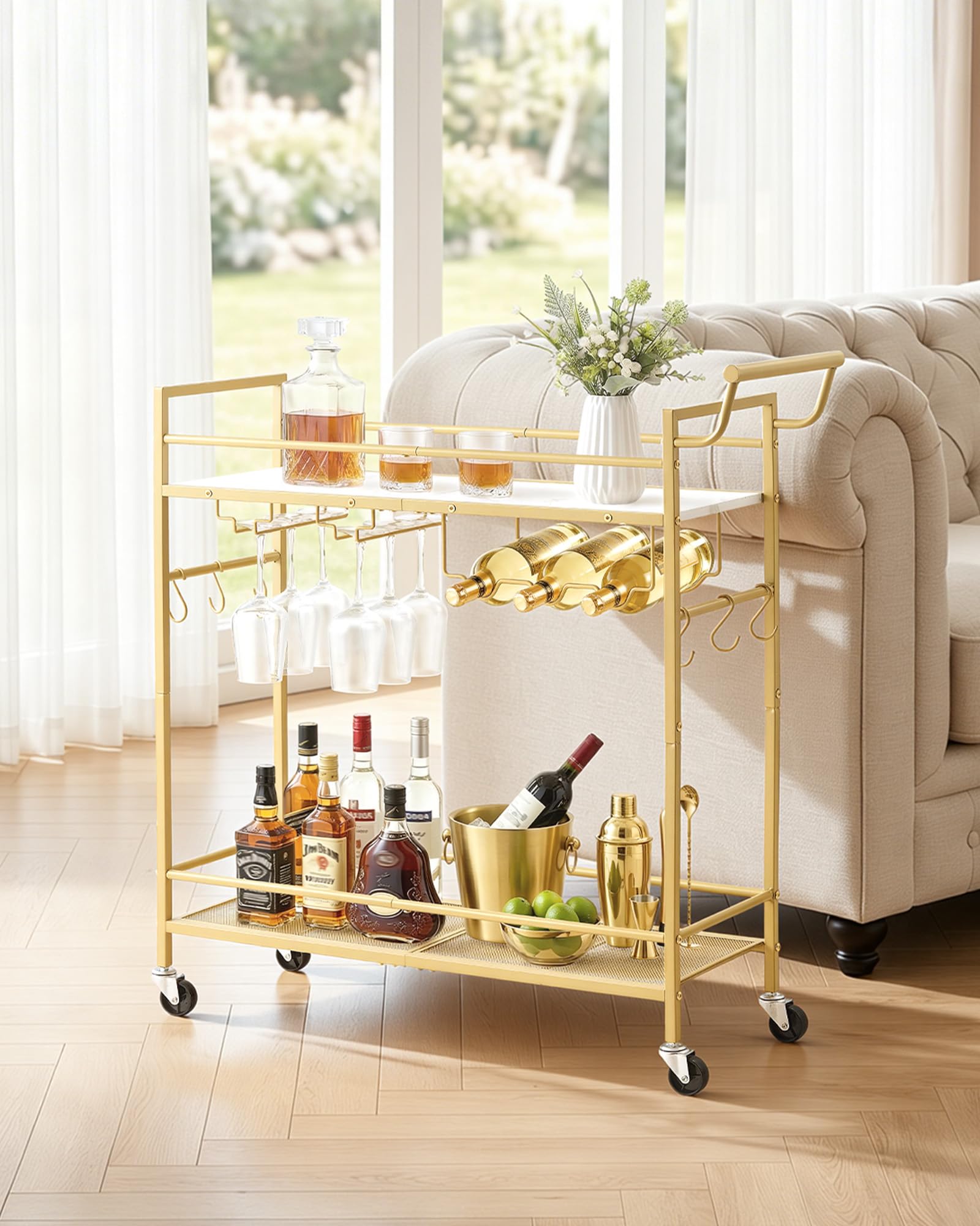 VEVOR Desserte Polyvalente, Chariot de Service pour Bar 2 Niveaux 86x30x83 cm, Rangement Vins Ustensiles Boissons Cuisine, Bar Roulant Étagères en Bois et Grillagée, avec Range-bouteilles Porte-verres