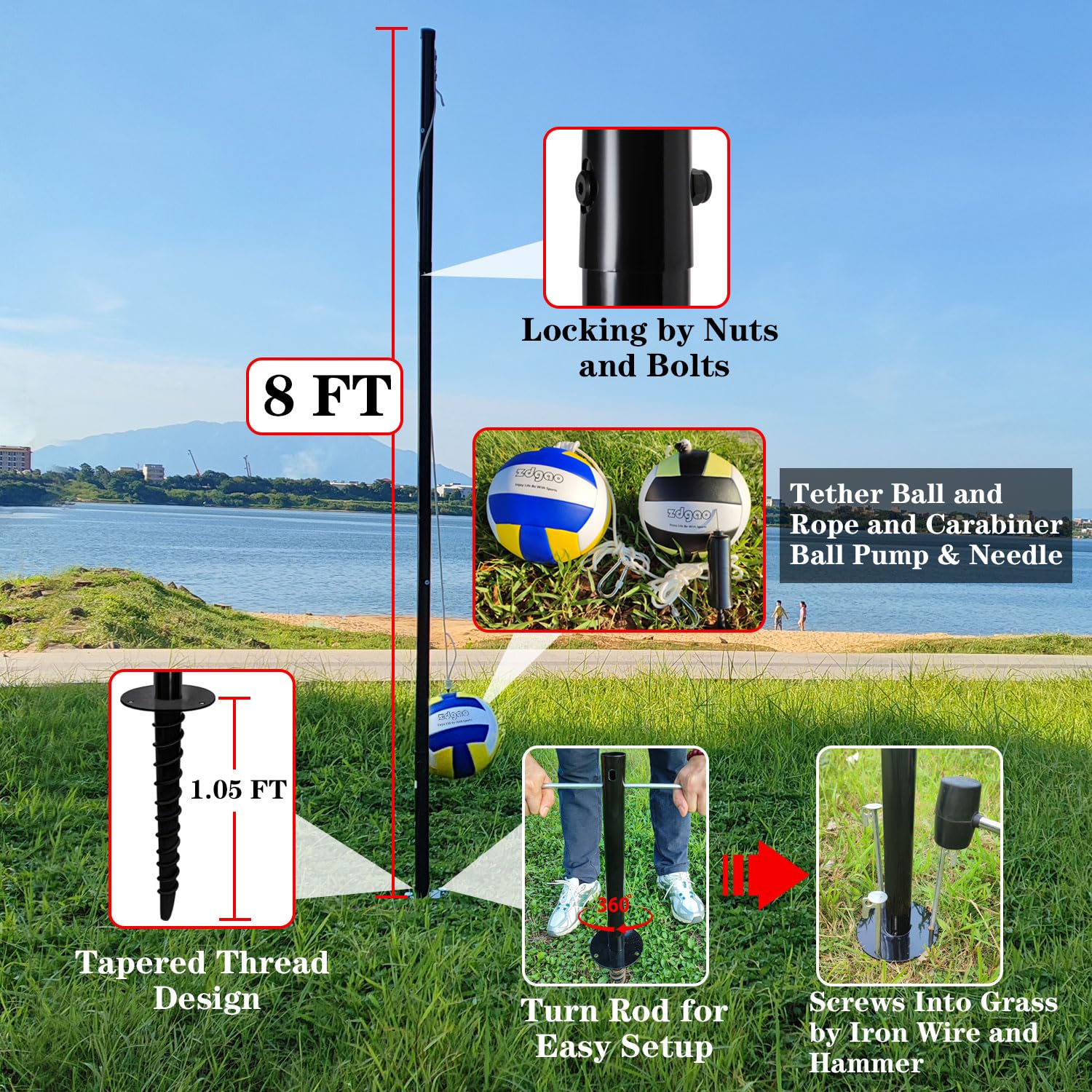 GOOSO Tragbares Tetherball-Set mit 2 Bällen, Seil und Stange, robuste Ausrüstung für Familienspaß, Outdoor-Spiel für Hinterhof, Rasen, Sand und Strand