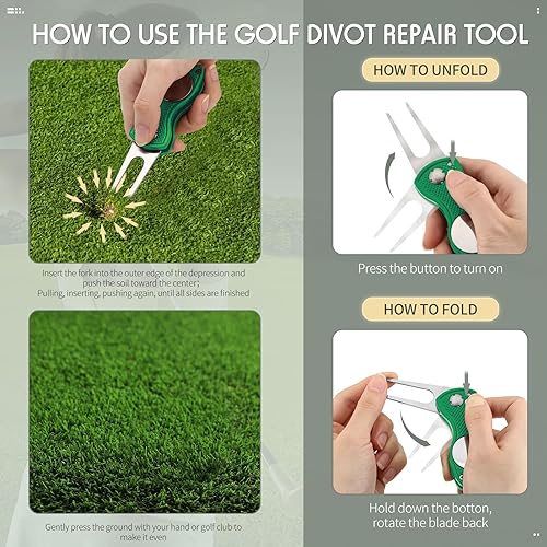 Miniatura 4 de Skylety 4 piezas de golf Divot herramienta de reparación con botón magnético marcador de bola Divot herramienta de acero inoxidable plegable