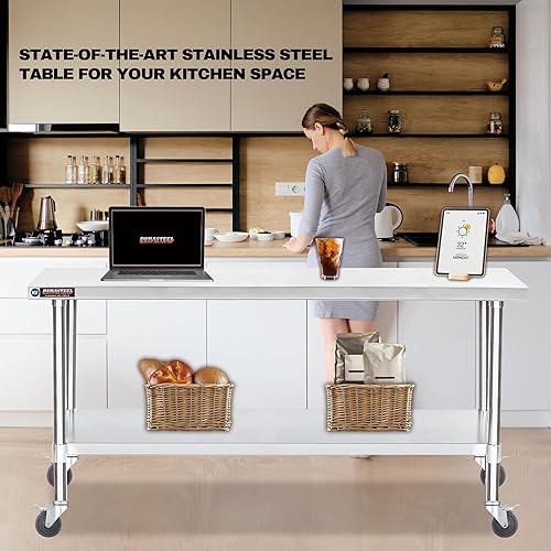 Miniatura 7 de DuraSteel - Mesa de acero inoxidable de 30 x 72 pulgadas, para preparación de alimentos, carrito de metal, mesa de trabajo comercial con ruedas