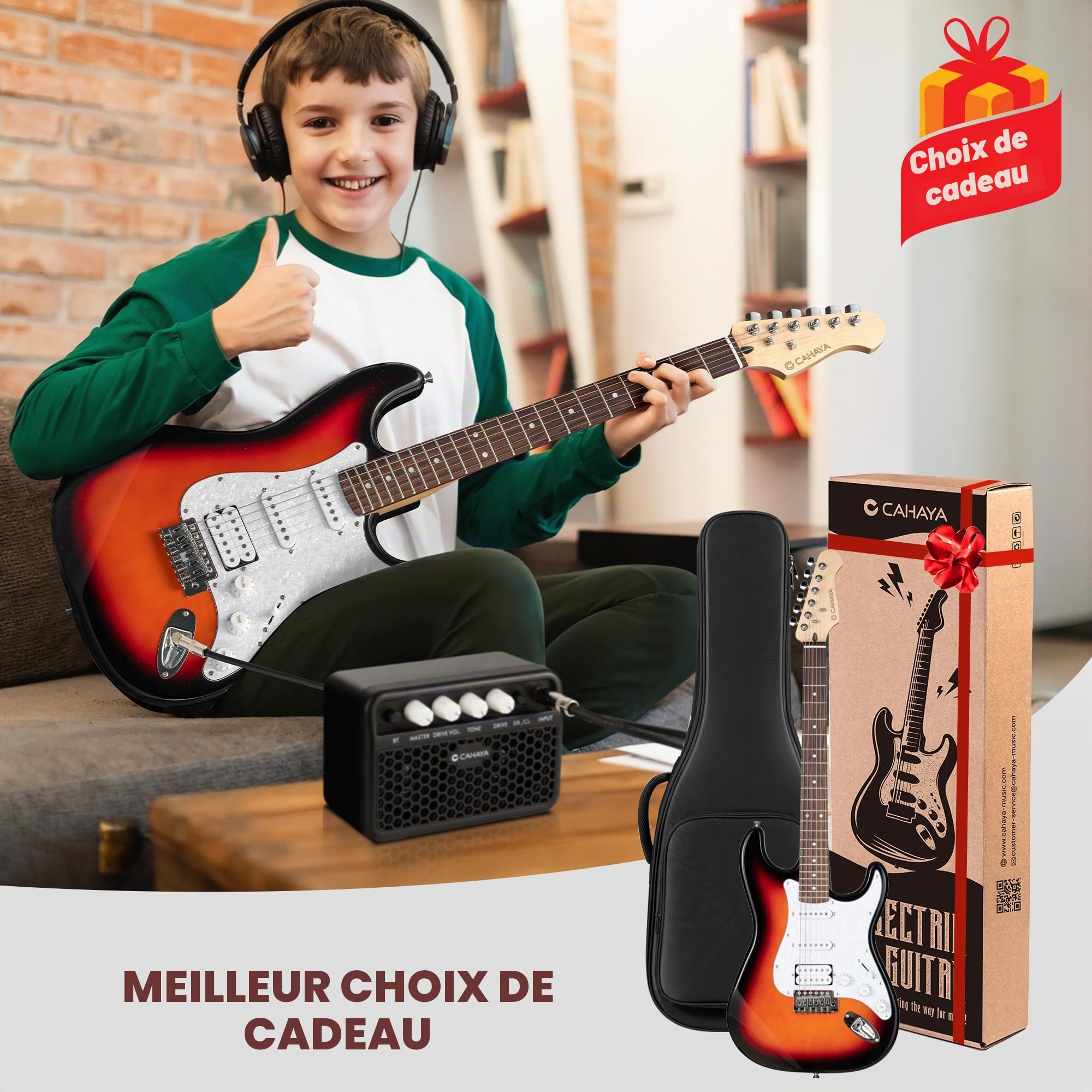 CAHAYA Guitare électrique de 39 pouces: guitare électrique ST avec 3 micros (S-S-H), inclut étui, amplificateur, accordeur, barre whammy et 4 médiators