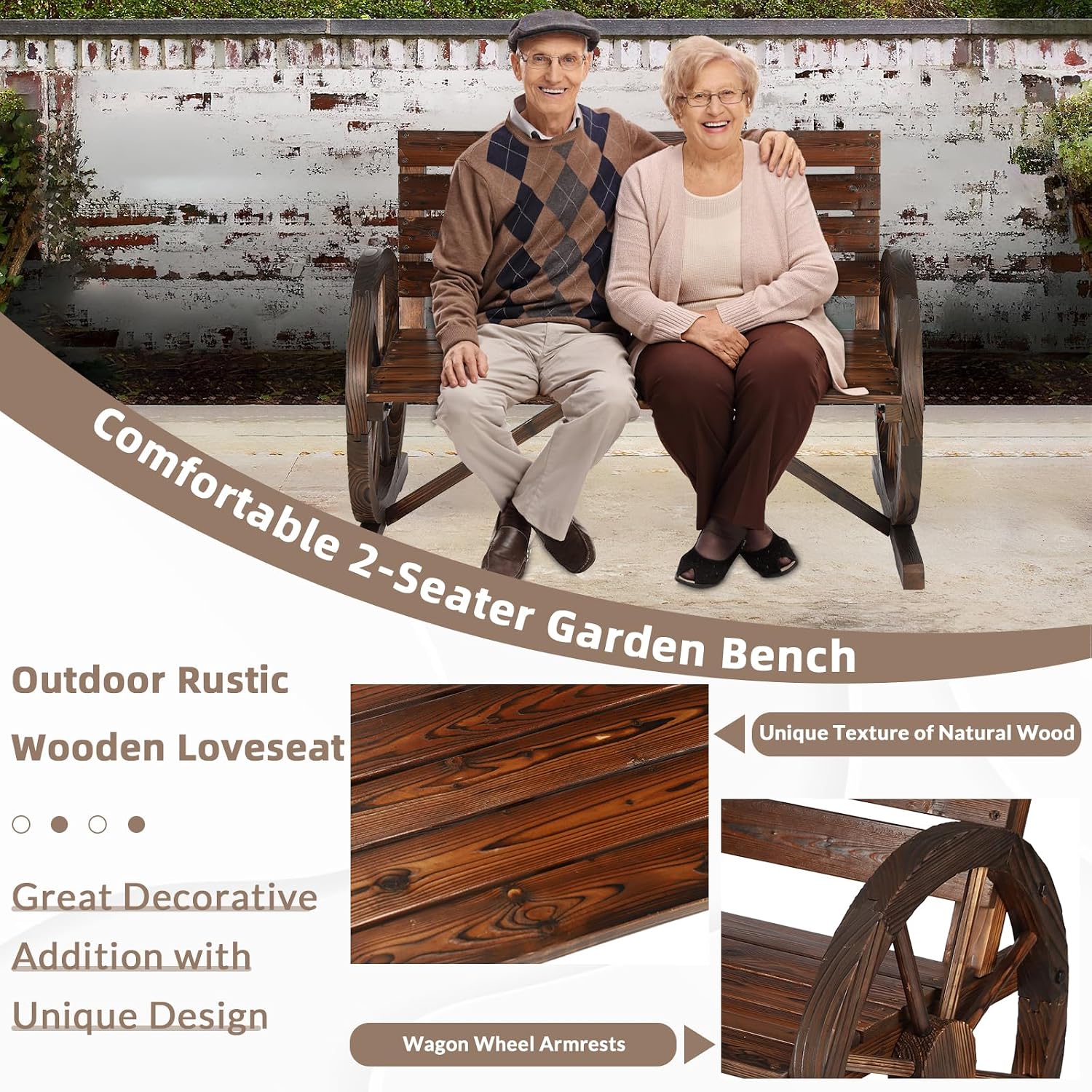 Wooden Wagon Wheel Bench, 2-Person Solid Wood Garden Bench, Rustic Wooden Seat Wagon Wheel Bench Patio Loveseat W/Slatted Backrest, Outdoor Garden Bench for Lawn Yard Porch Park