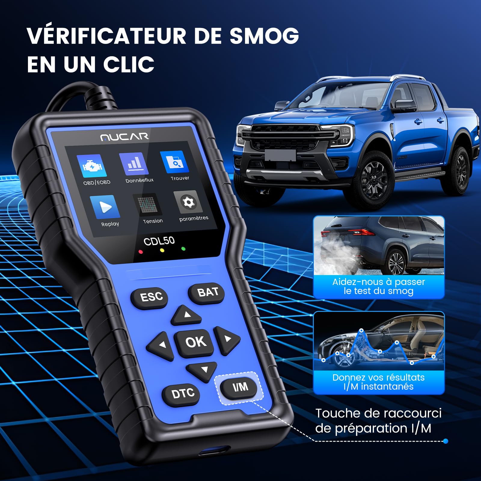 mucar Valise Diagnostic Auto, CDL50 OBD2 Diagnostic Français, OBD2 Scanner Universel Lecteur de Code d'erreur de Moteur (MUCAR-CDL50)