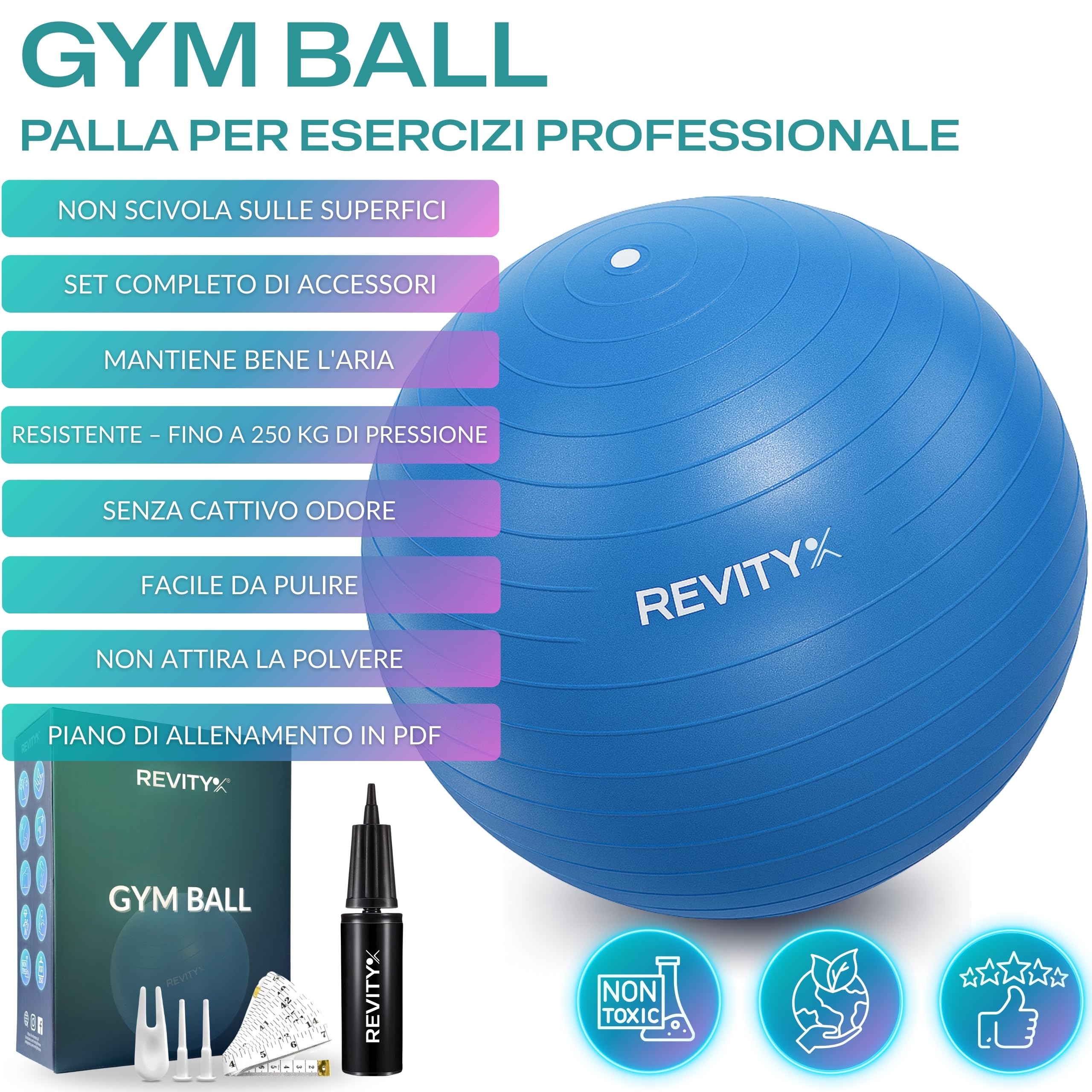 Palla Pilates 65 cm - Fitball Gravidanza Anti-Burst, Palla Pilates Grande per Esercizi e Yoga, Antistatica e Antiscivolo, 250 kg, con Pompa, 2 Valvole e Guida PDF di Allenamento