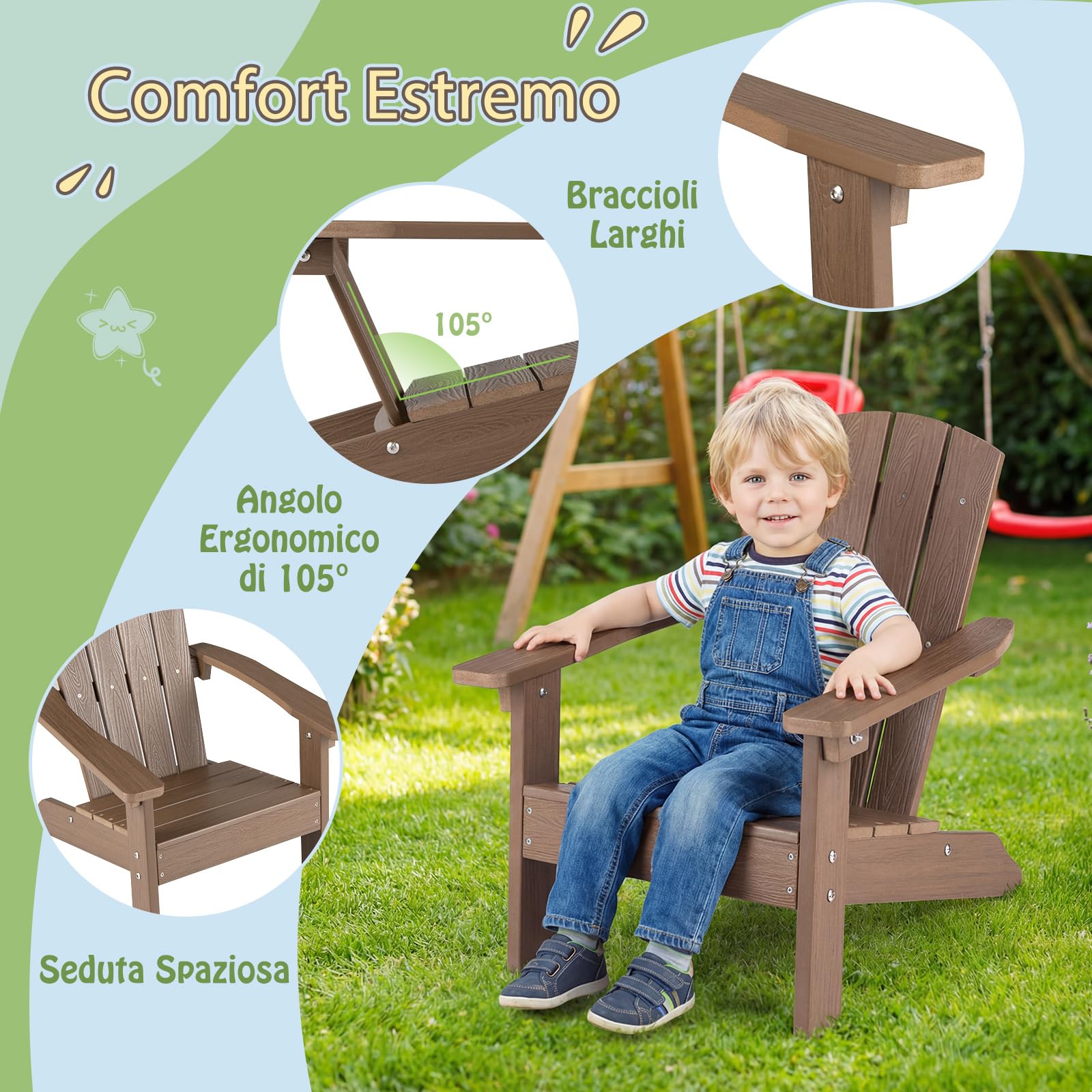 COSTWAY Sedia Adirondack per Bambini, Poltrona da Giardino in Plastica Resistente alle Intemperie con Schienale a Doghe Inclinato, Sedia Adirondack per Patio e Balcone, Portata 75 kg (Marrone)