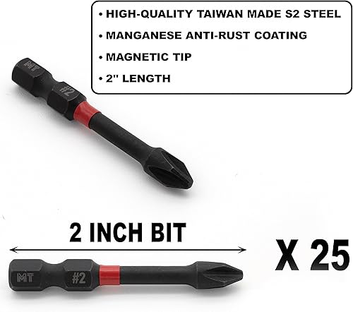 Miniatura 3 de Juego de 25 brocas Phillips con clasificación de impacto #2 de 2 pulgadas (1.969 in) de largo, fuertemente magnetizadas para antideslizantes,