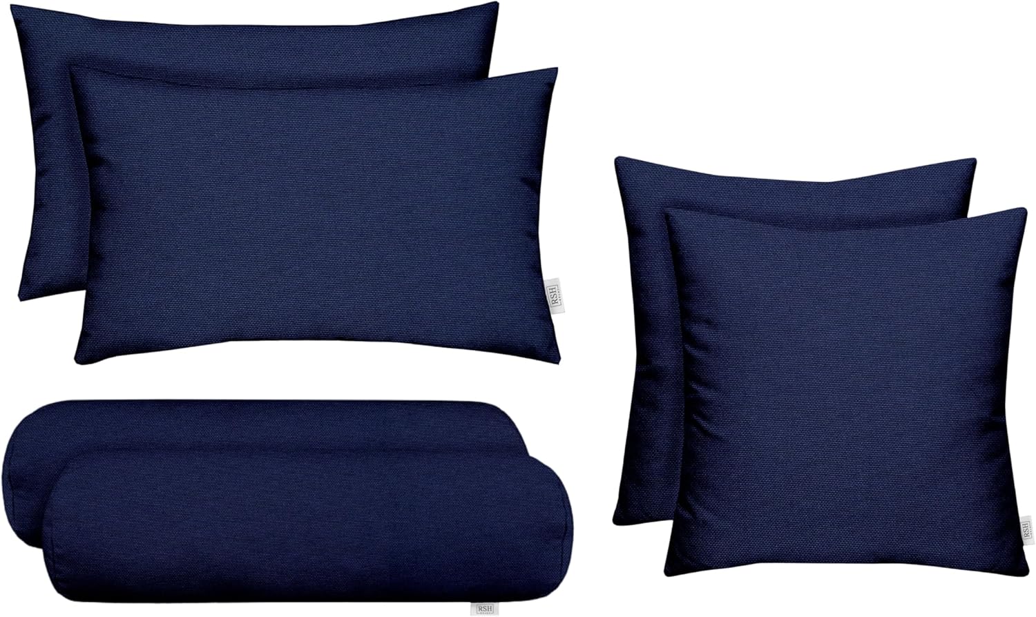RSH DECOR: 6-Pack Pillow Set | All-Weather Spun Fabric | Water & Fade-Resistant | 17" Square, 20" x 12" Lumbar, 20" x 6" Neck Roll | Outdoor Pillows for Patio Furniture | Navy Blue