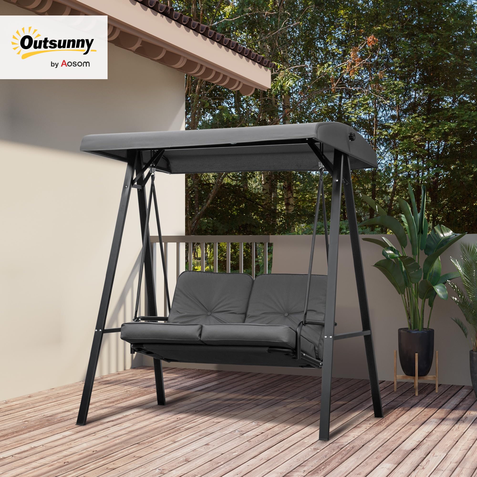 Outsunny Dondolo da Giardino 2 Posti con Tettuccio Parasole Regolabile e Cuscini, Dondolo da Esterno con Seduta Traspirante in Poliestere e Acciaio, Portata fino a 220 kg, 144x117x173 cm, Grigio Scuro