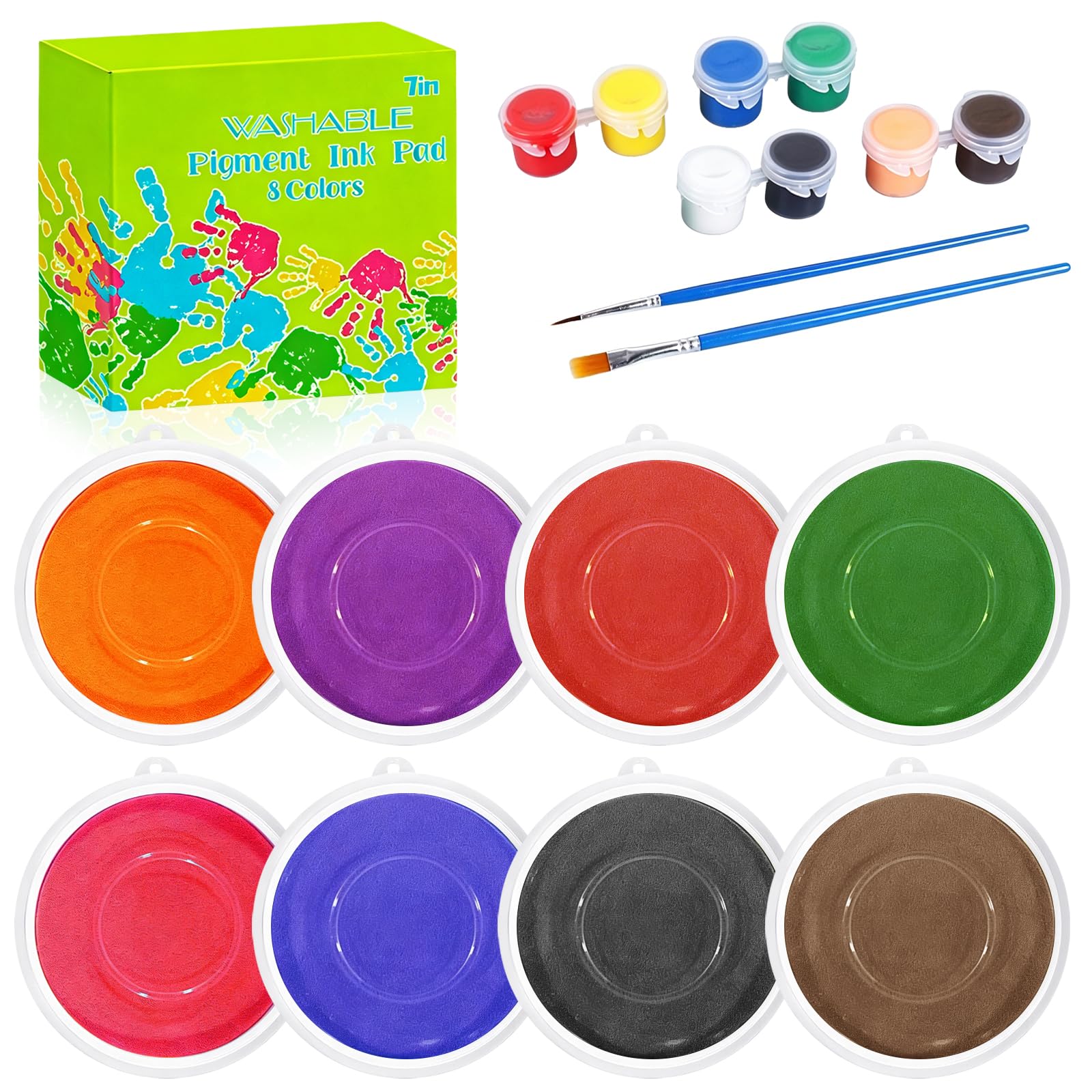 7" Large Stamp Pads for Kids, 8 Color Ink Pads for Kids Washable, Handprint &amp; Footprint Stamp Pad, Finger Painting for Toddlers, Fingerprint Art &amp; Craft Projects, Includes 8 Acrylic Paints &amp; 2 Brushes