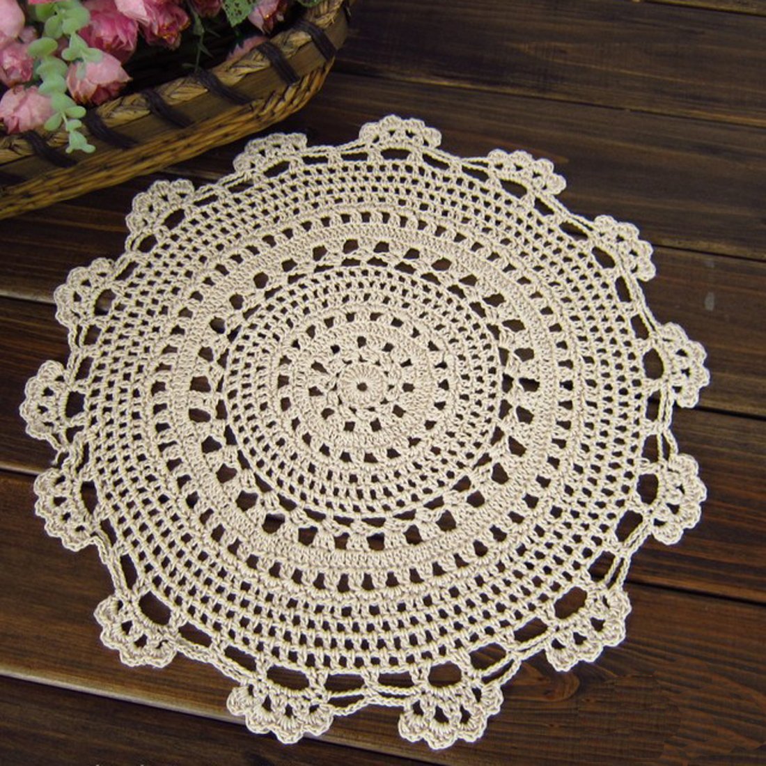 Fennco Styles Handmade Medallion Crochet Lace Round Cotton Placemat Doilies - 4 Pack (12-inch, Beige)