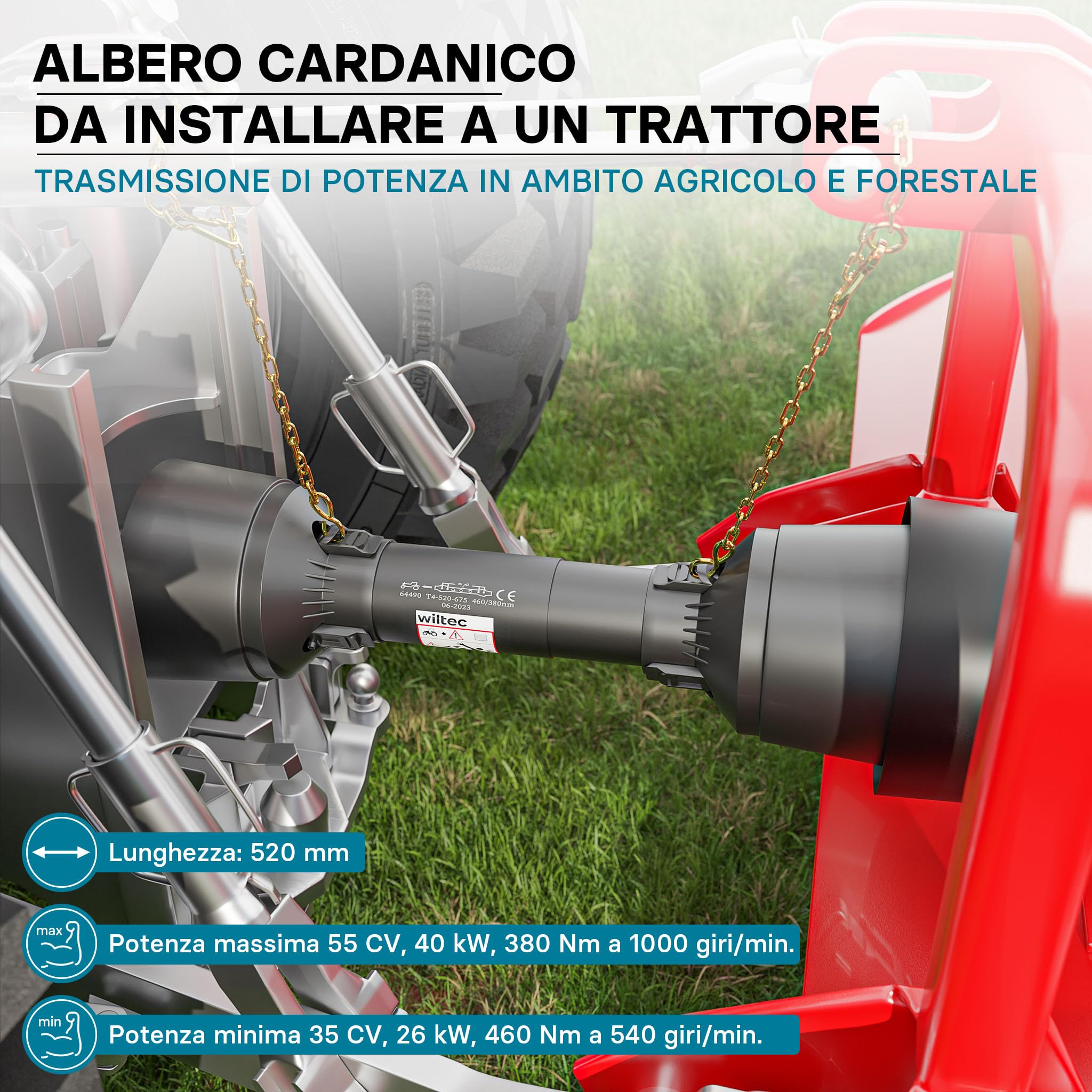 Wiltec Albero cardanico T4 Giunto cardanico 520mm 460Nm 540rpm Cardano 40kW (55CV) 2X 1 3/8" 6 Denti