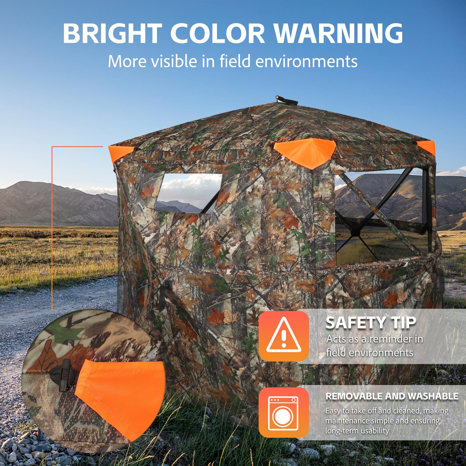 FUNHORUN Persiana de caza de 360 grados, transparente, doble puerta, para caza, 2/3 personas, portátil, camuflaje, ciervos/pavos, con paneles de seguridad naranja