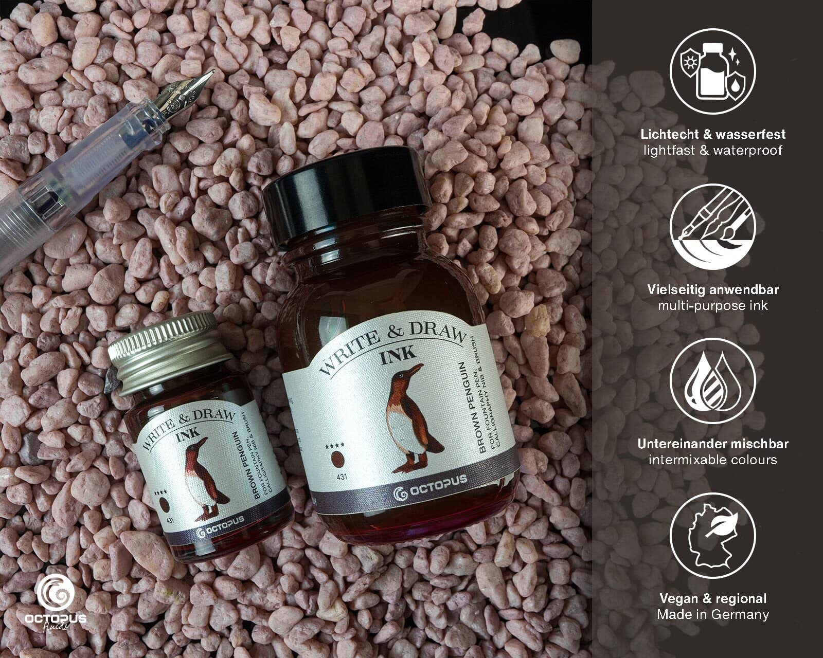 Octopus Write and Draw Ink 431 Brown Penguin Waterproof Ink for Writing and Drawing Calligraphy Ink Non-Fading Drawing Ink for Fountain Pen Brown 50ml