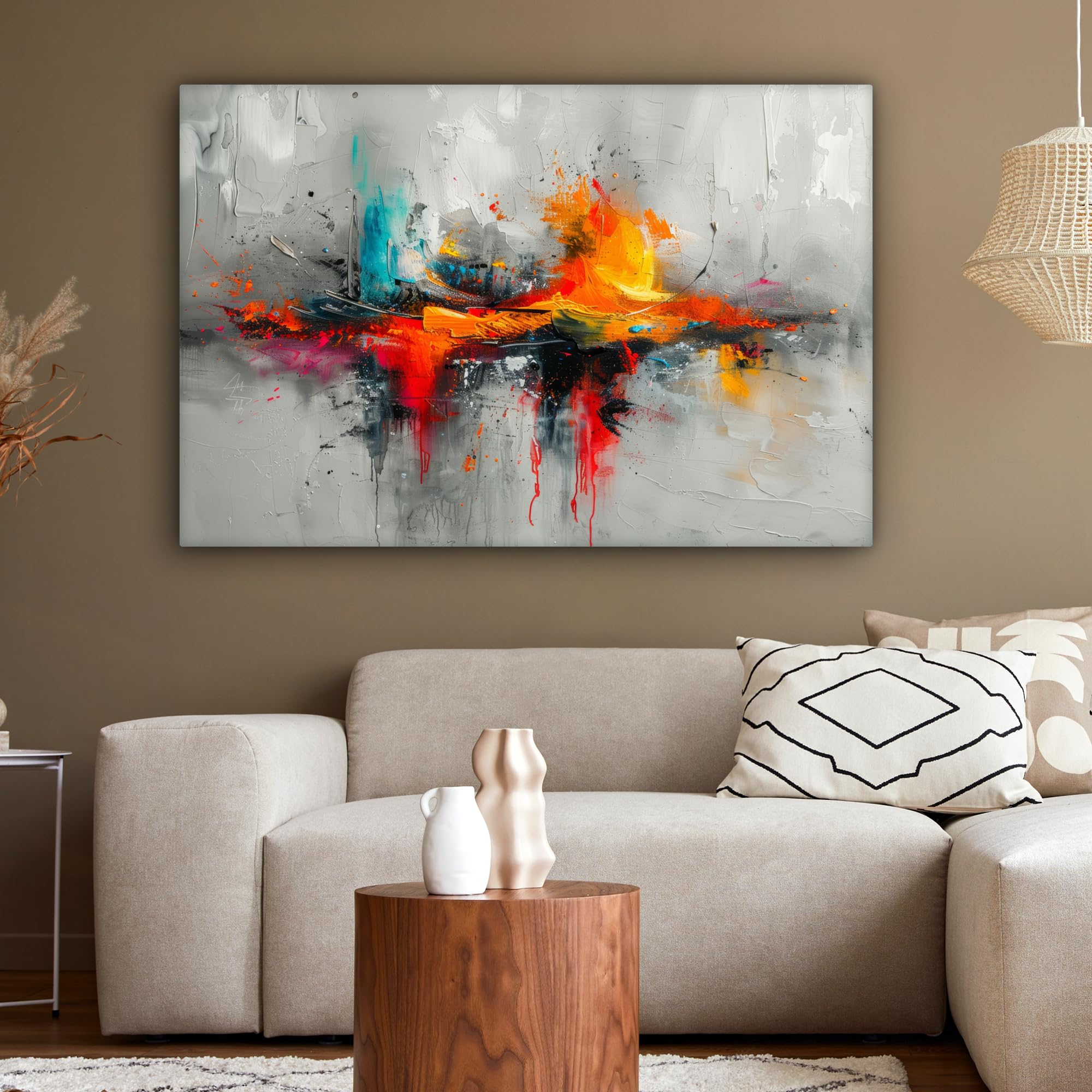MuchoWow Leinwandbild 120x80 cm XXL Dekoration Wohnzimmer Modern Kunst Orange Grau Abstrakt