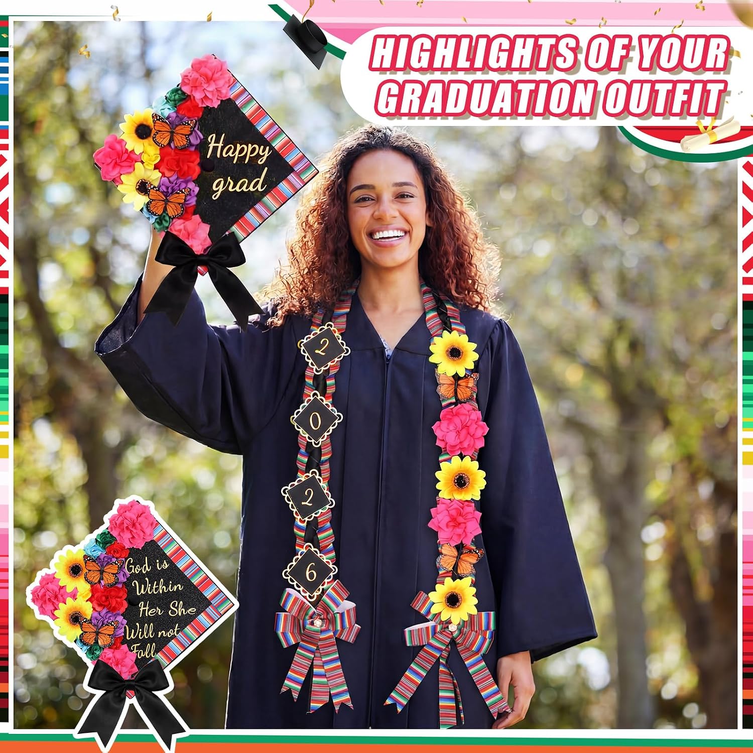 Dunzoom Mexican Pre-assembled Graduation Cap Topper & Lei Set with Alphabet Letter Stickers Handmade Class of 2026 Graduation Decorations Kit for Grad Party Gifts Art Crafts(Vibrant,Colorful)