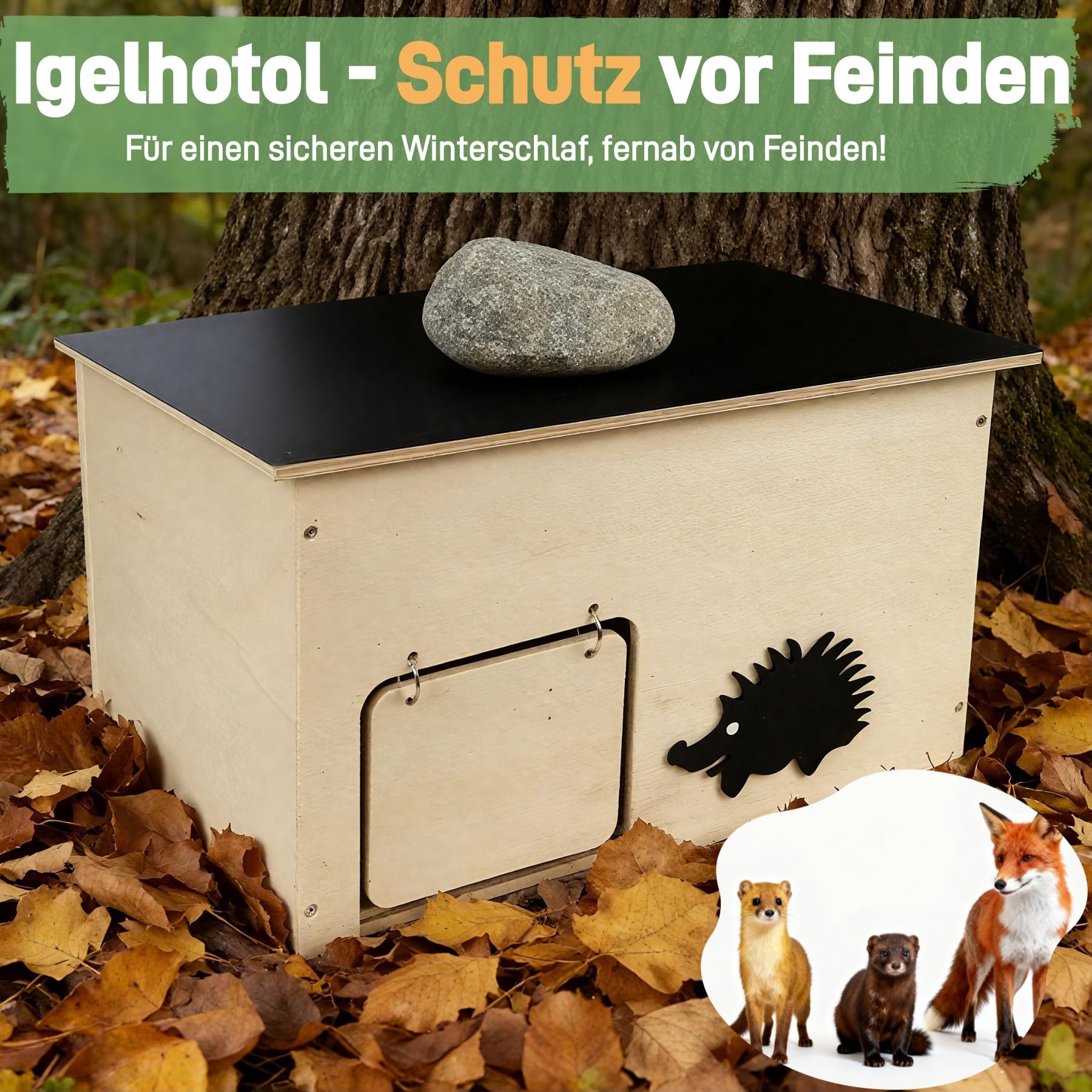Igelhaus Holz Groß mit Rattenklappe, Boden und Labyrintheingang | Igelhotel für Kleintiere zum Winterschlafen, Nisten und Sommerunterschlupf, Winterfest und Robust, Bausatz Set