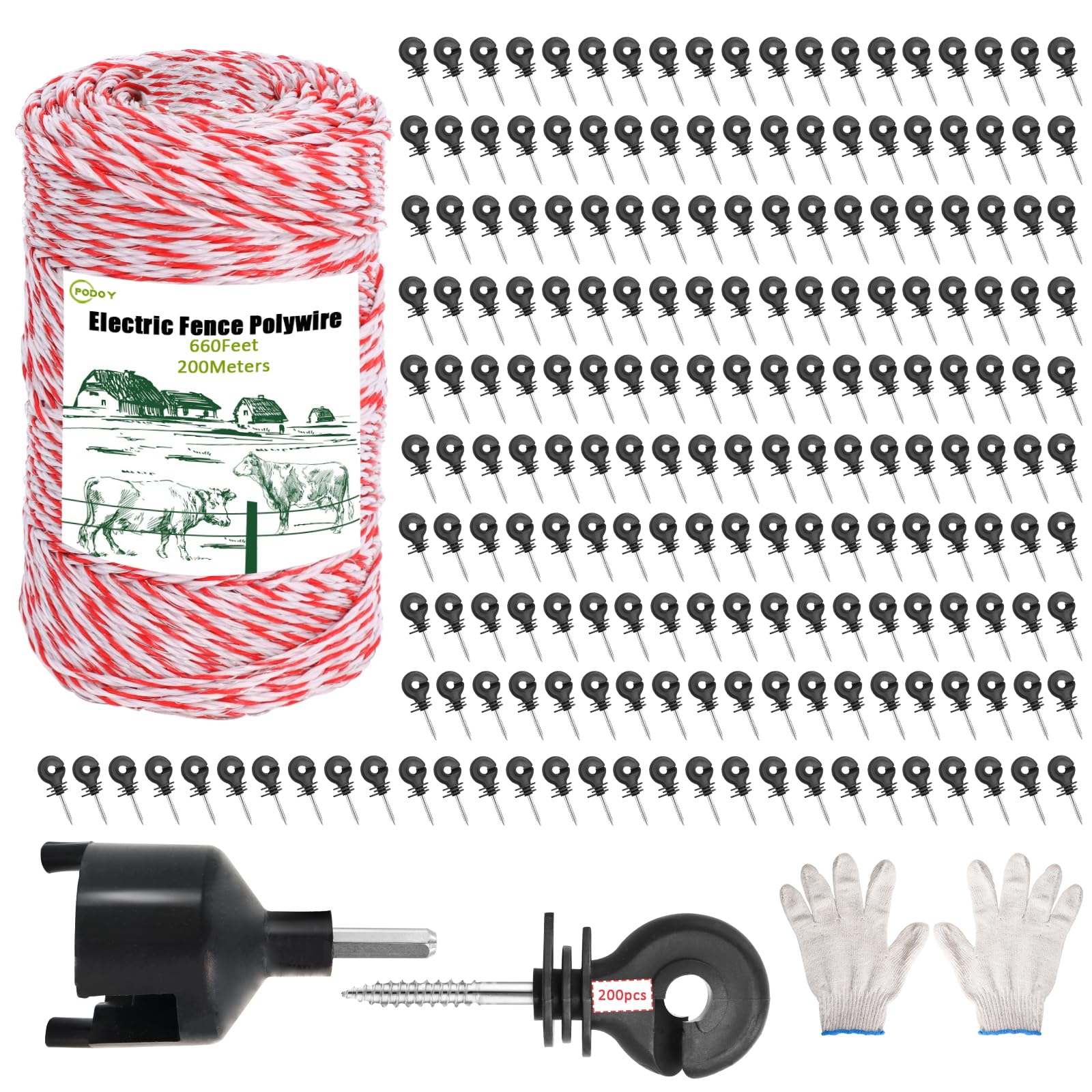 660 Feet Electric Fence Polywire and 200 Pcs Electric Fence Insulator with 1 Pcs Insulator Socket Tool, 6 Stainless Steel Conductor Kit, Insulators for Wire Farming, UV-Resistant for Animal/Gardens