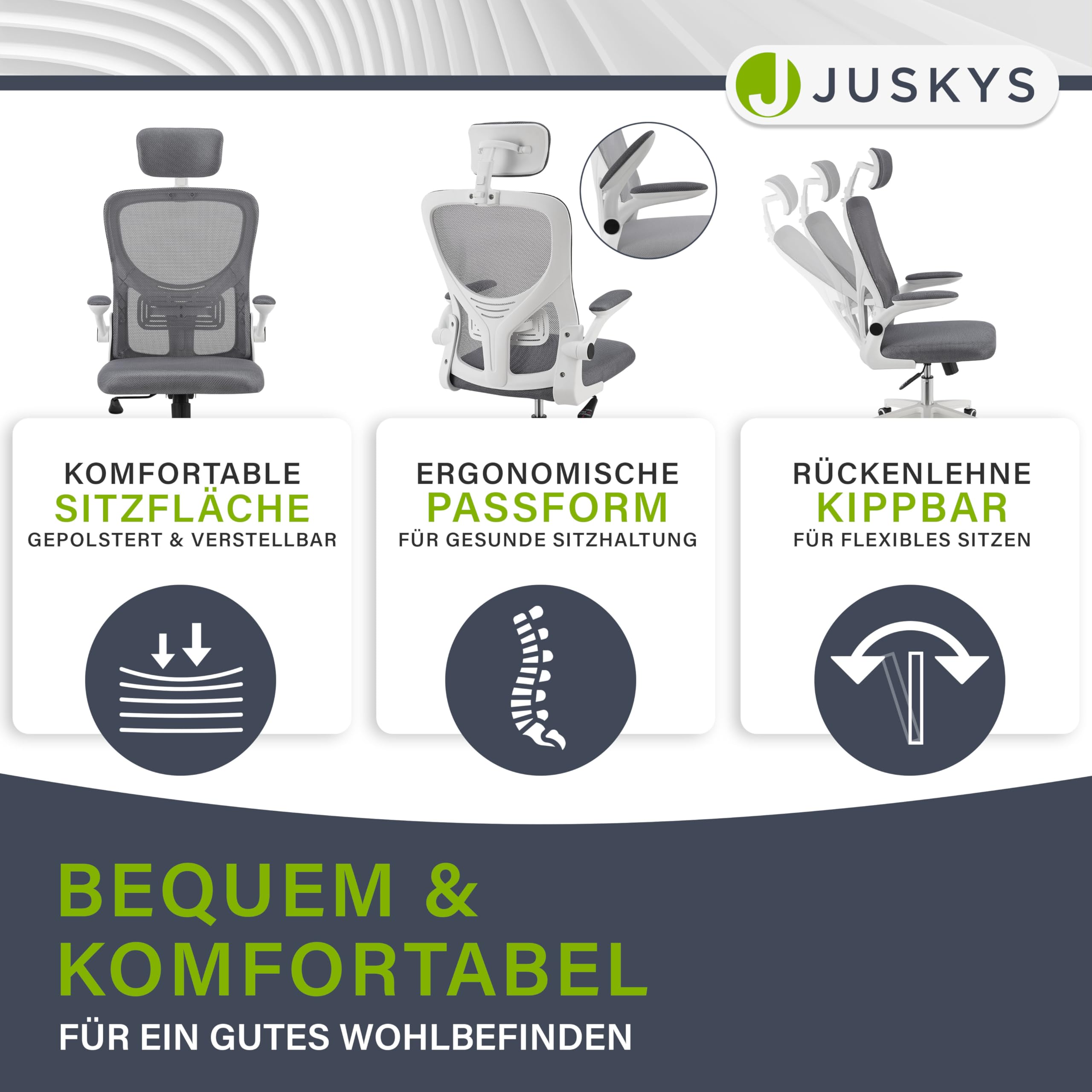 Juskys Bürostuhl Baltimore mit Rollen & Armlehne - Schreibtischstuhl ergonomisch & höhenverstellbar - Stuhl für Arbeitszimmer - Drehstuhl - Grau