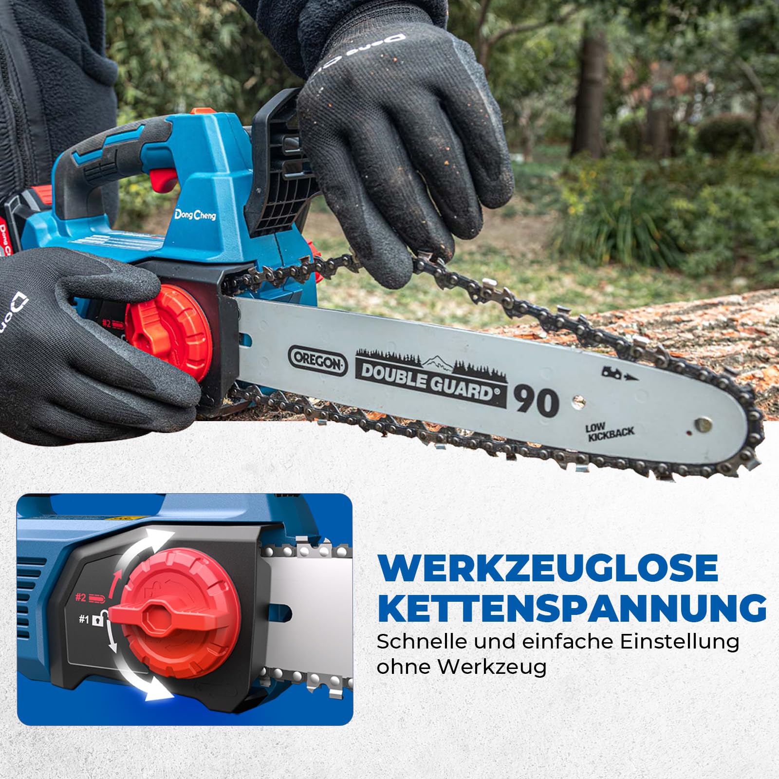 DongCheng Akku Kettensäge 20V, bürstenloser Motor, 12 m/s Kettengeschwindigkeit, 30cm OREGON-schwert/-kette, werkzeuglose Kettenspannung, automatische Kettenschmierung, inkl. 2x4,0 Akku & Ladegerät