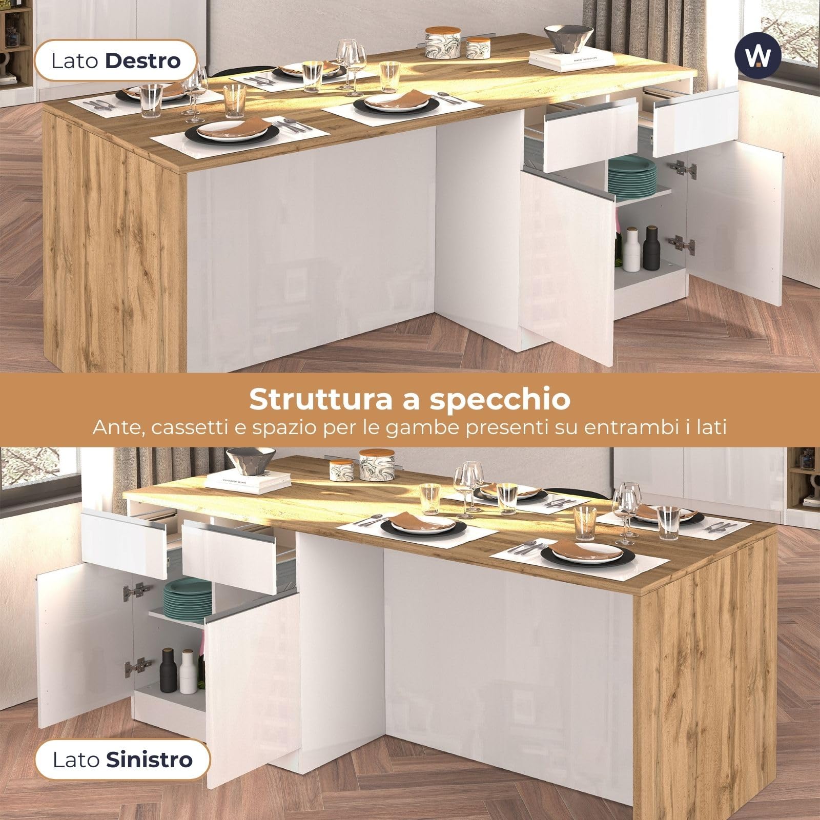 WHOUS Isola Cucina SOLE con 4 Ante e 4 Cassetti, Tavolo da Pranzo e Piano di Lavoro, Ideale per Open Space e Spazi Ridotti, 200x90x90 cm, Bianco Lucido e Rovere