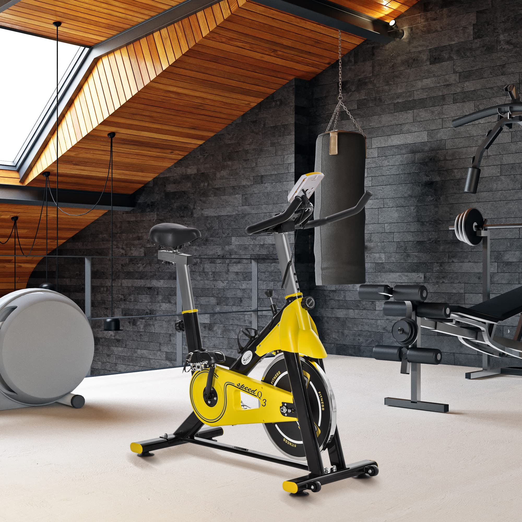 HOMCOM Bicicleta Estática con Resistencia Regulable Amarillo y Negro | Bicicleta de Fitness, Bici Estática, Pantalla LCD, Manillar, Ruedas, Asiento Ajustable, Soporte de Tableta para Gimnasio Casa