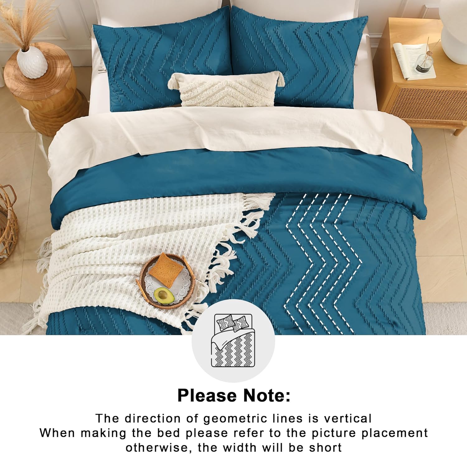 Andency Teal Comforter Set King Size, Boho Soft Warm Tufted Bedding Comforter Sets for King Size Bed, 3 Pieces Aesthetic Chevron Farmhouse Cute Bohemian Textured Bedding Set - Image 5
