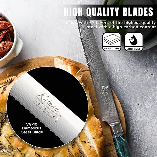 Miniatura 4 de Katana Elements - Juego de cuchillos de 3 piezas cuchillos de chefpanmaridaje, cuchillas de acero de damasco VG-10 premium, mango de madera de olivo