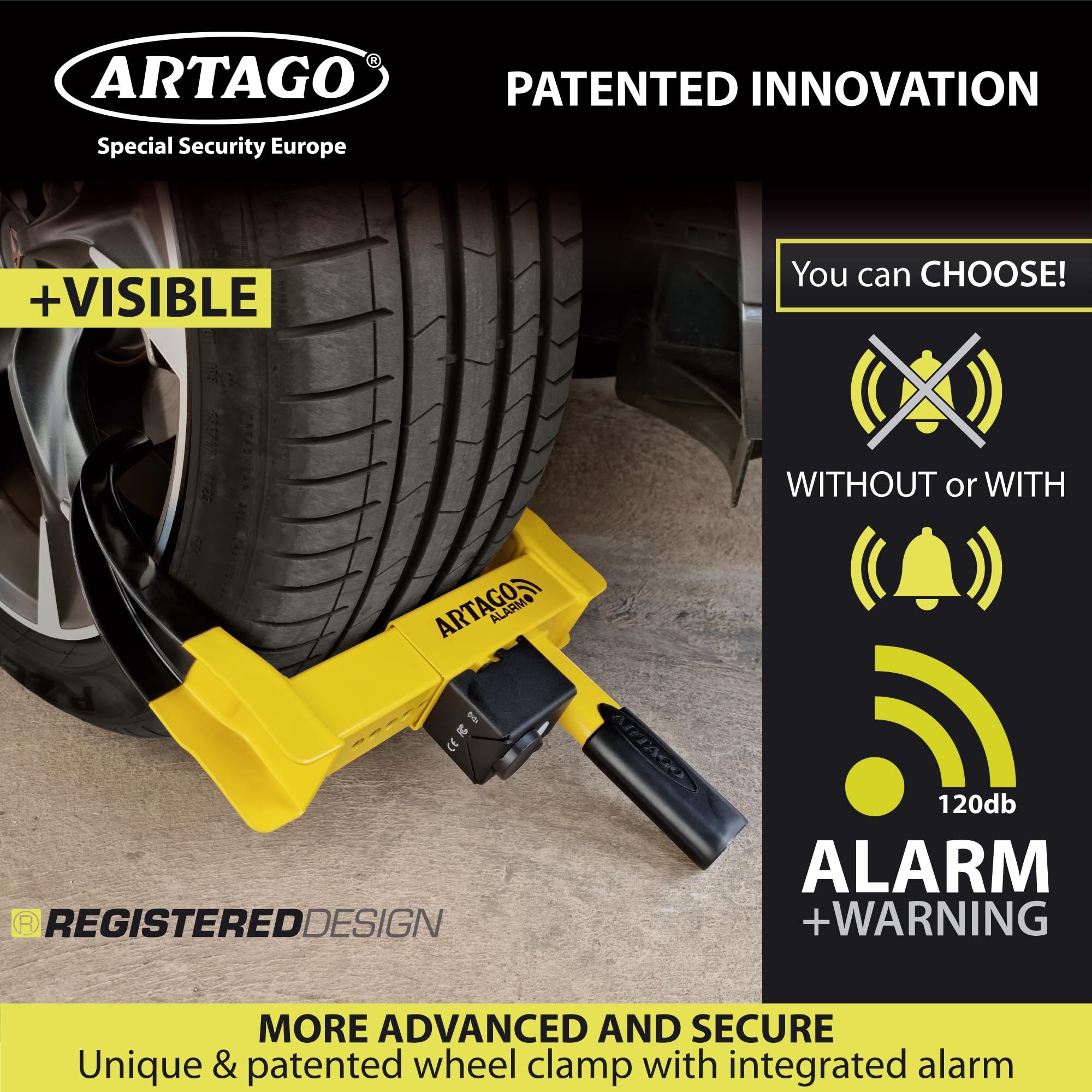 ARTAGO ART872 High-End Alarm Wheel Clamp Lock, Exclusive Patented Anti Theft Device, Don't Touch System, 120dB, Long Lasting Battery, Universal Auto Car Boot for Tires Trailer, Van, Golf Cart, Camper