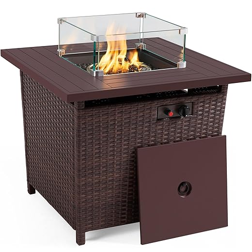 Yaheetech 28 inch 50,000 BTU Propane Gas Fire Pit Table with Glass Wind Guard, Weatherproof PE Rattan Frame and Rain Cover for Patio Heating Party, Outdoor Fire Table with Auto-Ignition, Brown