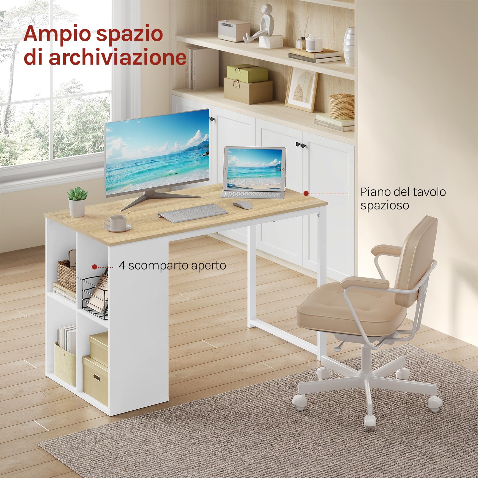 WOLTU Scrivania Ufficio Compatta con Libreria Integrata, 120x60x75 cm, Design Salvaspazio per Studio/Camera, Bianco+Rovere Naturale