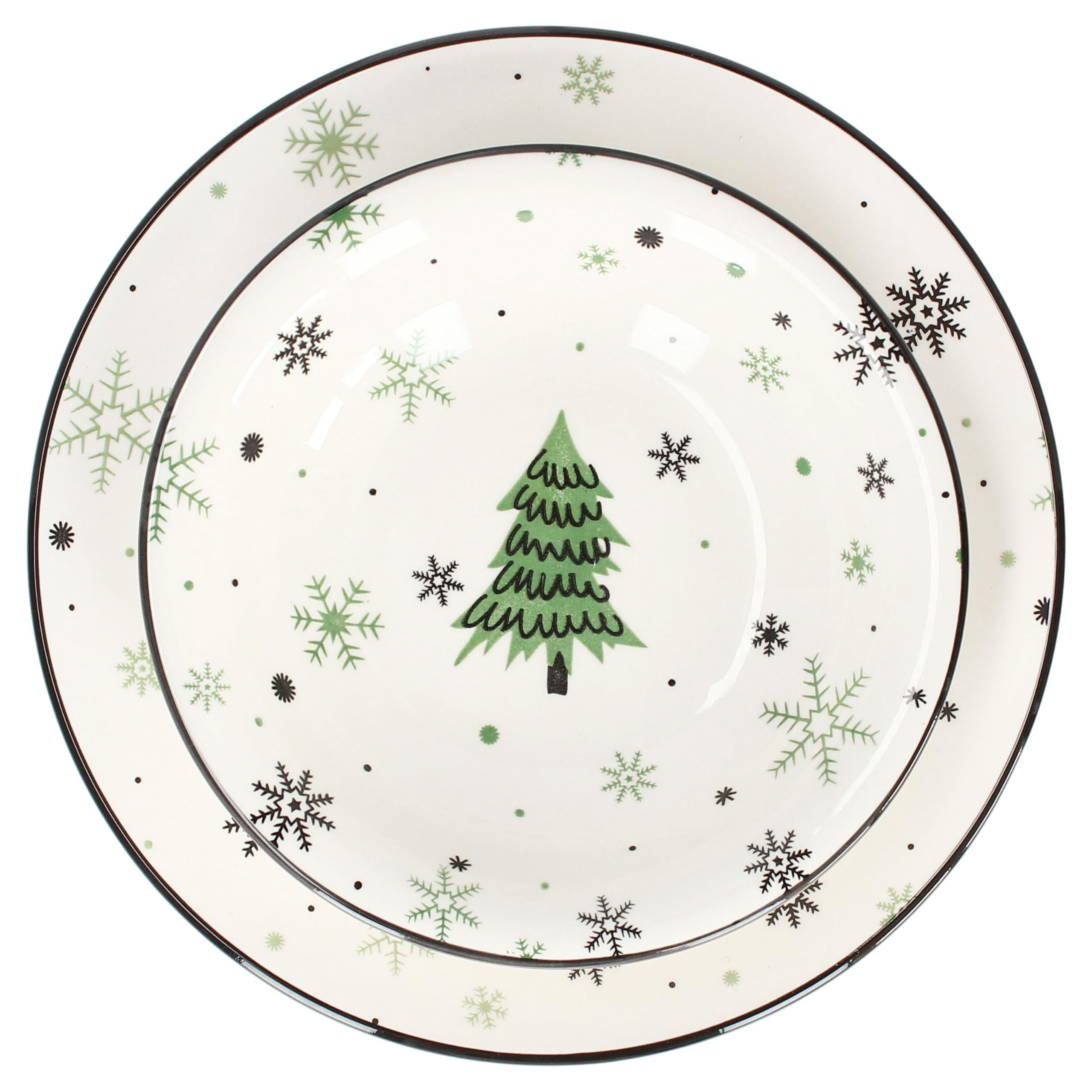 MamboCat Weihnachtsbaum 12tlg Tafelservice I Steingut-Geschirr für 6 Personen mit Tannenbaum & Schneeflocken I 6x flache Speiseteller & 6x tiefe Suppenteller 450ml